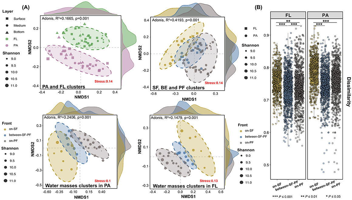 Scatter plots depict lifestyle clusters and water mass clusters, showing dissimilarity measures. Four plots in section A illustrate clusters in PA and FL with various color-coded groups based on layers and fronts. Section B features two side-by-side scatter plots labeled FL and PA, highlighting dissimilarity across different water mass, including on-SF, between-SF-PF, and on-PF, with statistical significance indicated by asterisks.