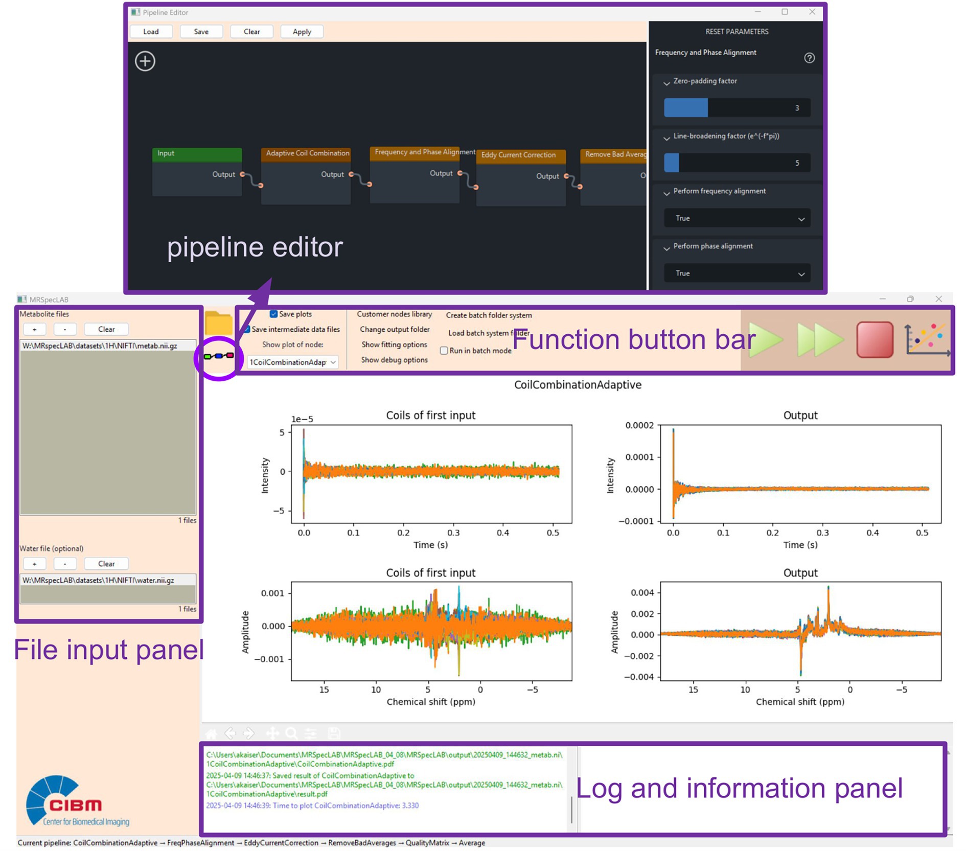 Pipeline editor interface with labeled sections: