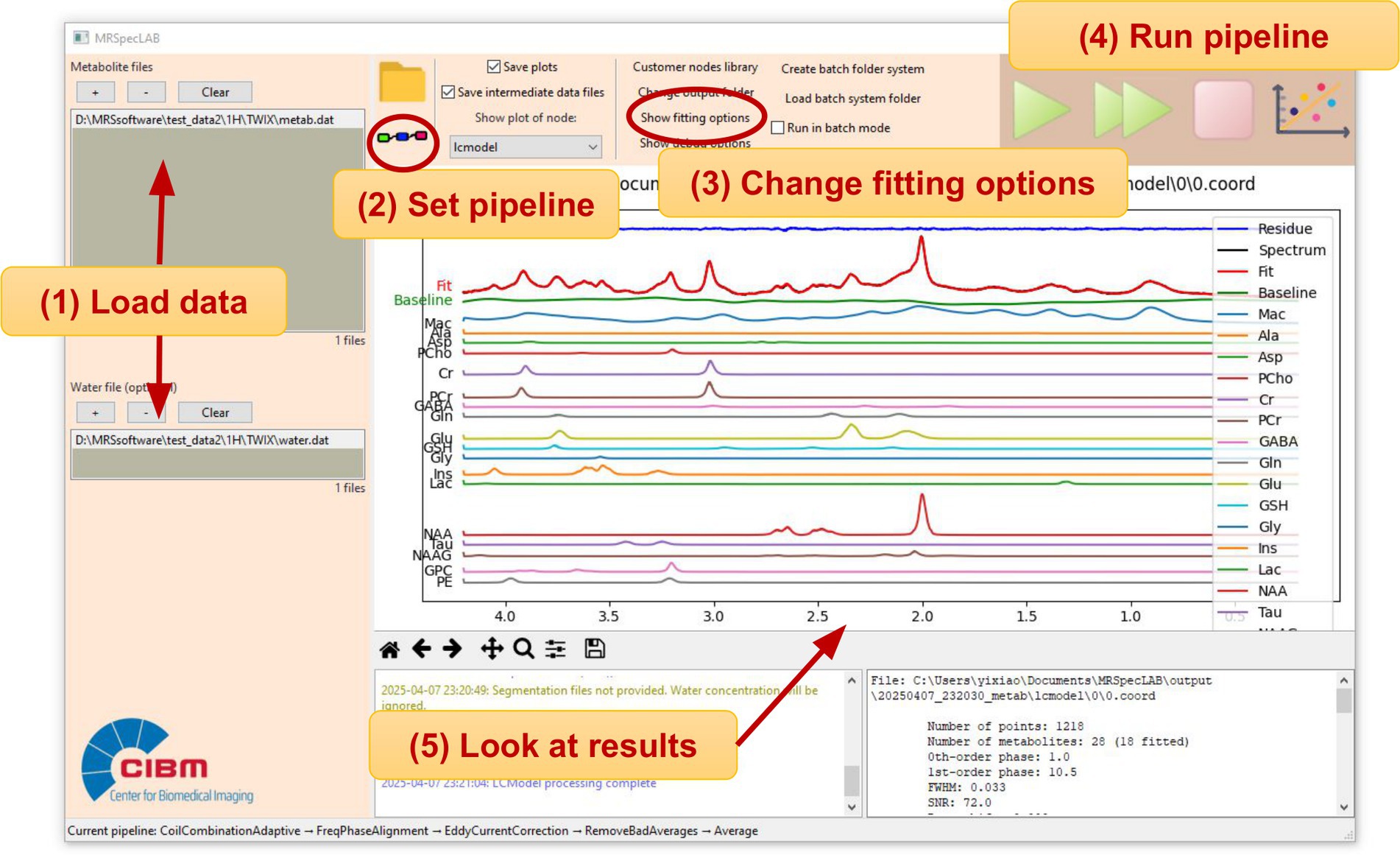 Screenshot of the MRSpectLAB software interface displaying steps for data analysis. Highlighted steps include loading data, setting the pipeline, changing fitting options, running the pipeline, and viewing the results. The interface shows various graphs representing metabolite data with a detailed legend.
