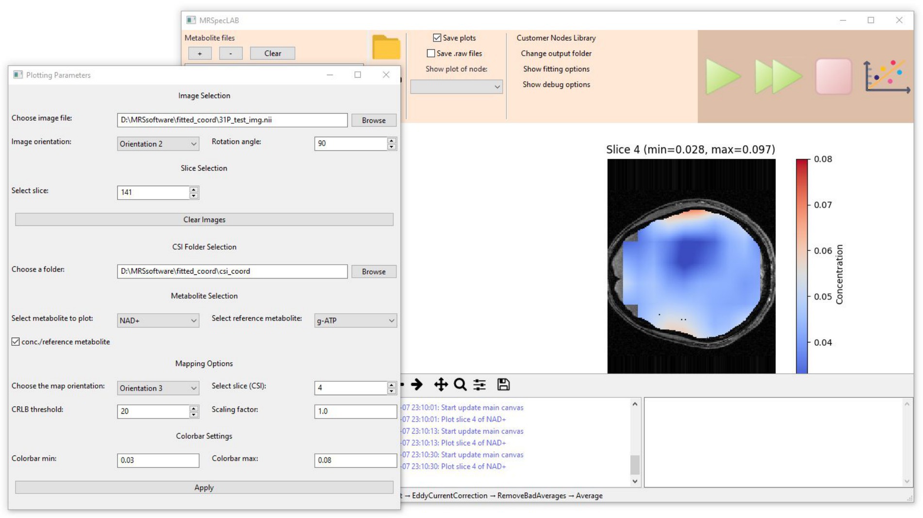 Software interface for MRSI data analysis showing plotting parameters and a brain slice. Parameters include image selection, orientation, slice selection, and metabolite selections. A concentration map of a brain slice displays color variations indicating metabolite levels, with a scale from 0.03 to 0.08.