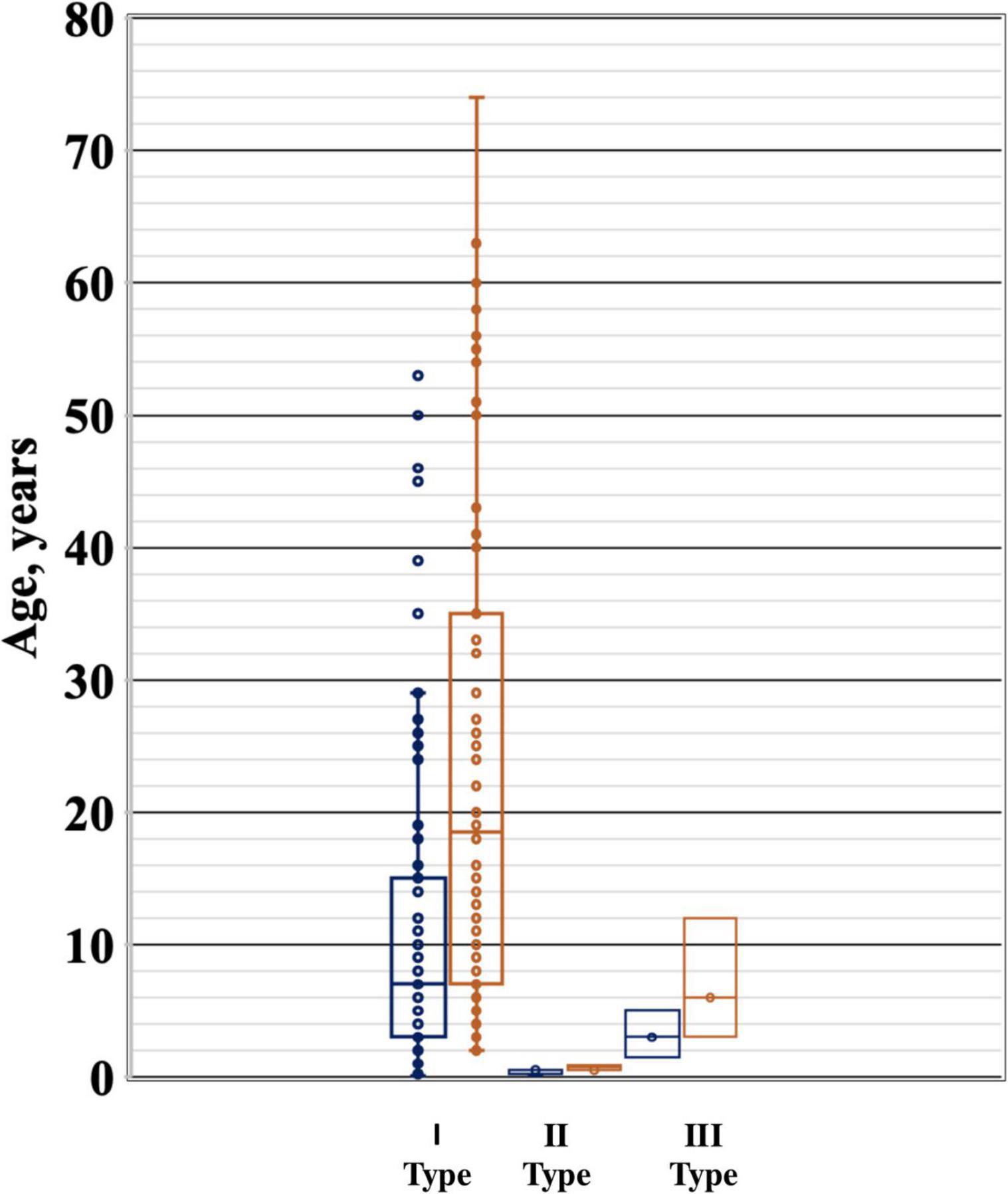 Box plot chart showing age distribution in years for three types. Type I is represented by blue, Type II and Type III by different shades of orange. Type I shows a median below 10 years, Type II has a wider range with a median around 20 years, and Type III has a small sample, with ages under 10 for most. Outliers are indicated by individual data points.