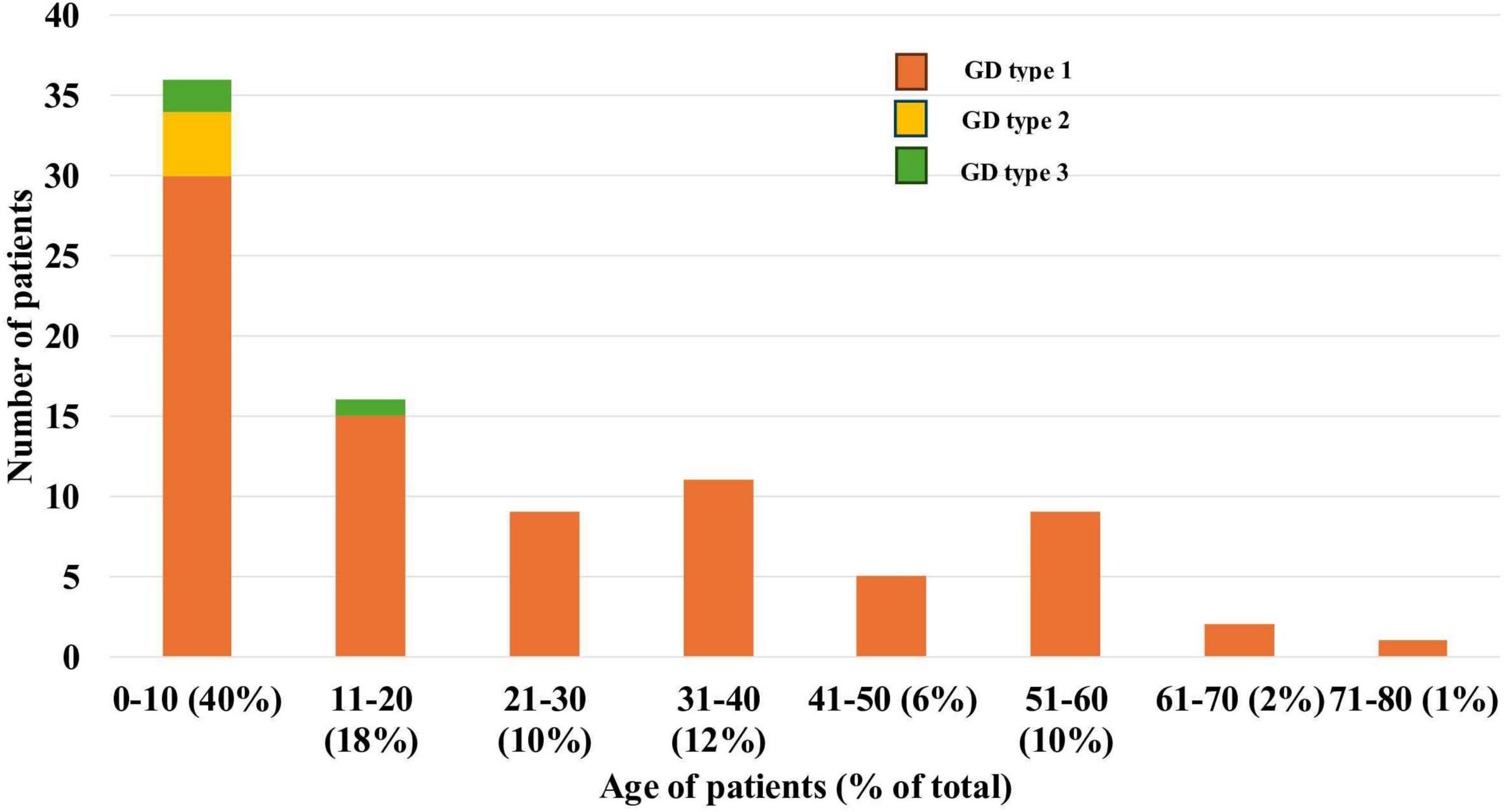 Bar chart showing the number of patients by age group and type of GD. Age groups are 0-10 to 71-80 years. GD type 1 is in orange, type 2 in yellow, and type 3 in green. The majority in 0-10 group, primarily GD type 1.