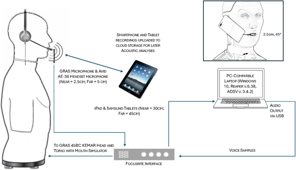 Diagram illustrating an acoustic analysis setup. A GRAS 45BC KEMAR head with microphones measures voice samples. Audio is captured on GRAS and AVID AE-36 microphones and transmitted via a Focusrite interface. A smartphone and tablet upload recordings to cloud storage for analysis. An iPad and Samsung tablet are shown at specific distances. Data is processed on a PC-compatible laptop with Windows 10, Reaper v.6.38, and ADSV v.3.4.2, with audio output via USB.