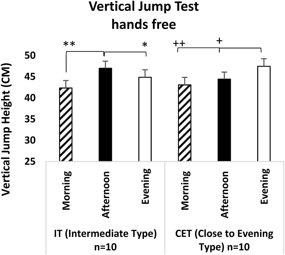 Bar graph titled "Vertical Jump Test hands free," comparing vertical jump heights (in centimeters) at different times of the day. Two groups: IT (Intermediate Type) and CET (Close to Evening Type), each with ten participants. IT group: morning jumps average around 43 centimeters, afternoon jumps near 47 centimeters, and evening jumps about 45 centimeters. CET group: morning jumps close to 41 centimeters, afternoon jumps around 43 centimeters, and evening jumps about 46 centimeters. Statistical significance indicated by asterisks and pluses.