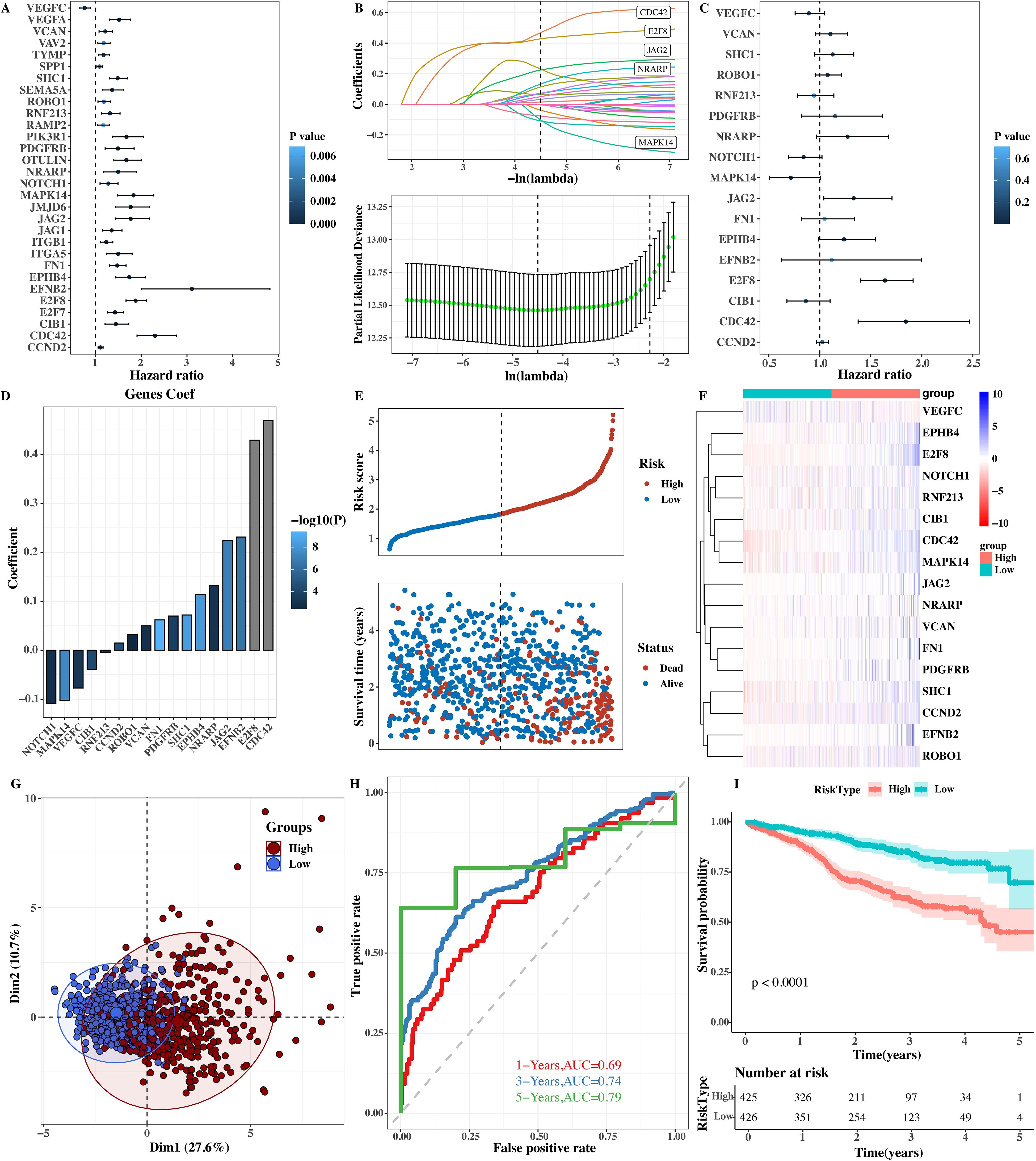Composite image showing multiple data visualizations related to gene analysis and survival rates. A: Forest plot of hazard ratios. B: LASSO regression plots with lambda values. C: Forest plot showing hazard ratios with different genes. D: Bar chart of gene coefficients. E: Risk score and survival status plots. F: Heatmap of gene expression grouped by risk. G: Scatter plot showing group distribution based on principal component analysis. H: ROC curves indicating predictive accuracy over different years. I: Kaplan-Meier survival curves for different risk types with statistical significance marked.