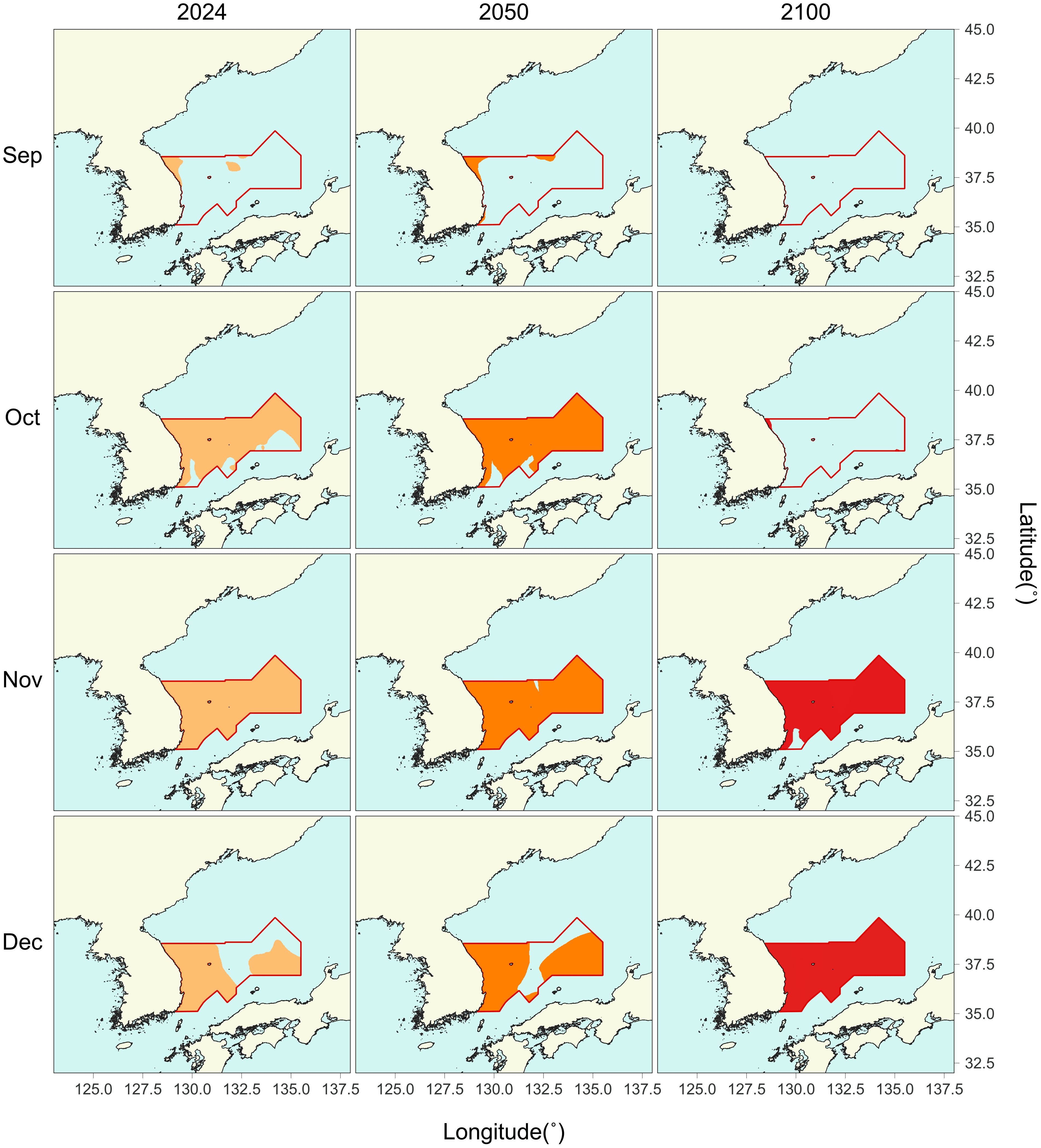 Nine-panel map showing projected changes in goigraphical distrbution of thermally suitable range of 13-23°C across three years: 2024, 2050, and 2100, during September to December.