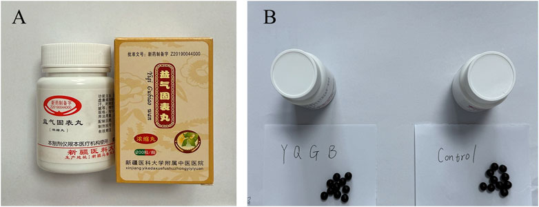 Panel A shows a bottle and a box of Chinese medicine labeled with Chinese characters. Panel B displays two white bottles from above, each accompanied by small black pills. One group of pills is labeled