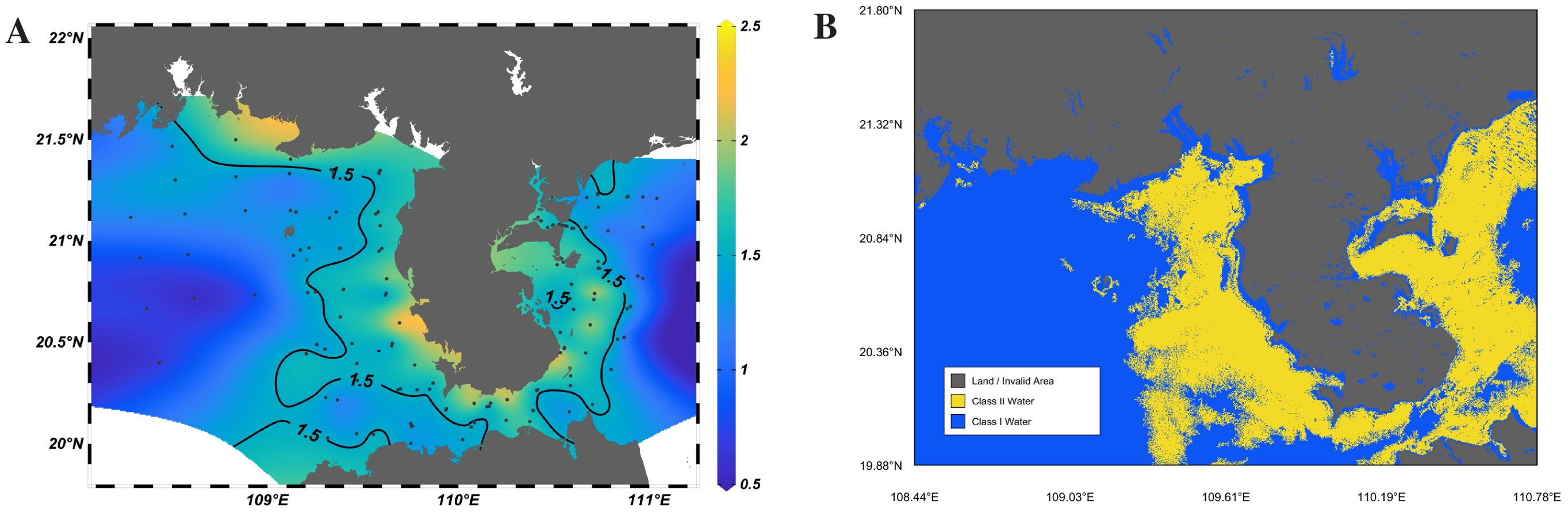 Panel A is a gradient map with colors from blue to yellow, representing values from 0.5 to 2.5, with contour lines labeled 1.5. Panel B is a classification map showing land in gray, Class I water in blue, and Class II water in yellow. Both maps have geographic coordinates as references.