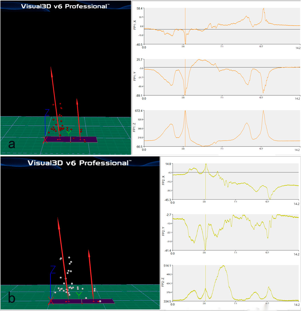 Two panels display 3D force vector diagrams and graphs using Visual3D v6 Professional. Panel a shows red force vectors with corresponding FP1 graphs for X, Y, and Z axes. Panel b shows white vectors and FP2 graphs with a similar layout. Both feature a grid surface and axis labels.
