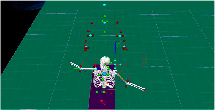 Digital visualization of a human skeleton in a 3D space with colored spheres and axes. The skeleton is positioned horizontally with arms outstretched. Multicolored markers are placed on and around the body, representing data points on a grid.