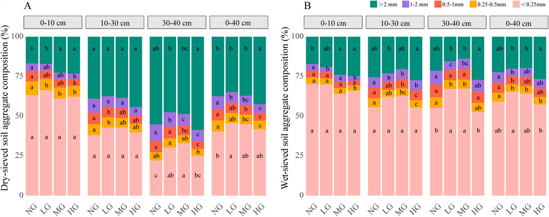 Bar charts show dry-sieved and wet-sieved soil aggregate composition percentages across four soil depths: 0–10 cm, 10–30 cm, 30–40 cm, and 0–40 cm. Composition is categorized by aggregate sizes: greater than 2 mm, 1–2 mm, 0.5–1 mm, 0.25–0.5 mm, and less than 0.25 mm, color-coded green, purple, red, orange, and pink, respectively. Labels a, b, ab, and c indicate statistical groupings. Both charts compare four groups: NG, LG, MG, and HG.