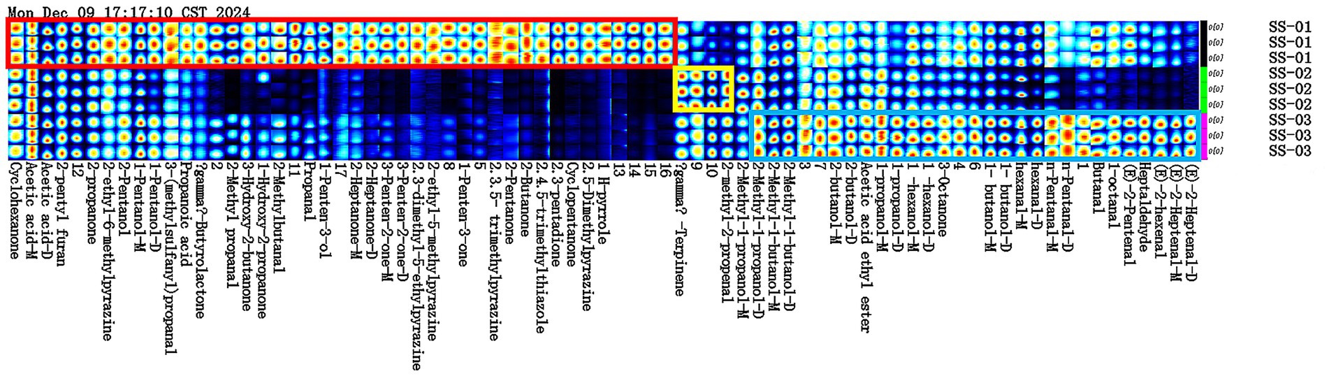 A colorful heat map displaying data divided into rows and columns, labeled with chemical compounds and their variations. The map shows different intensity levels with a scale from blue to red, indicating varying data values. Annotations with labels like SS-01, SS-02, and SS-03 appear alongside the data matrix. The date and time,