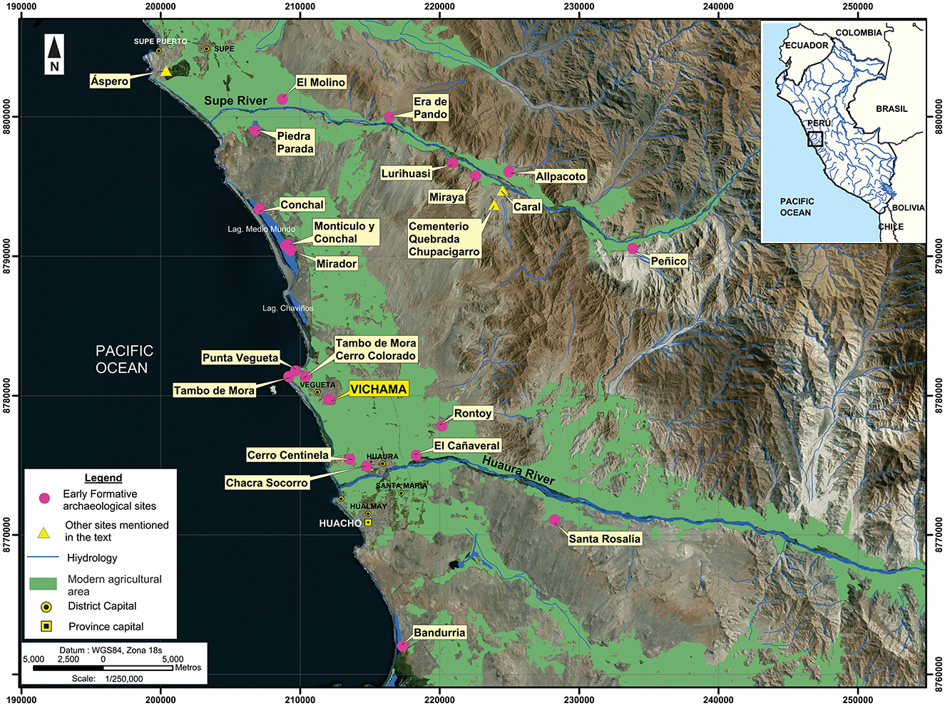 Map highlighting Early Formative archaeological sites in Peru along the North-Central coast, marked with pink dots. Key locations include Vichama, Áspero, Caral, and Quebrada Chupacigarro Cemetery. The map includes rivers and shows modern agricultural and district capital areas. An inset displays Peru's location in South America.