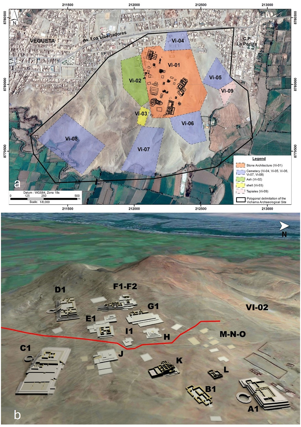 Map and 3D model of an archaeological site. The map (a) shows color-coded zones indicating stone architecture, cemeteries, ash, and shell areas, with a legend on the right. The 3D model (b) illustrates labeled structures, each represented as a cluster of buildings on a hilly terrain with a red line marking a boundary between upper and lower sectors. Both images are north-oriented and display geographic coordinates.