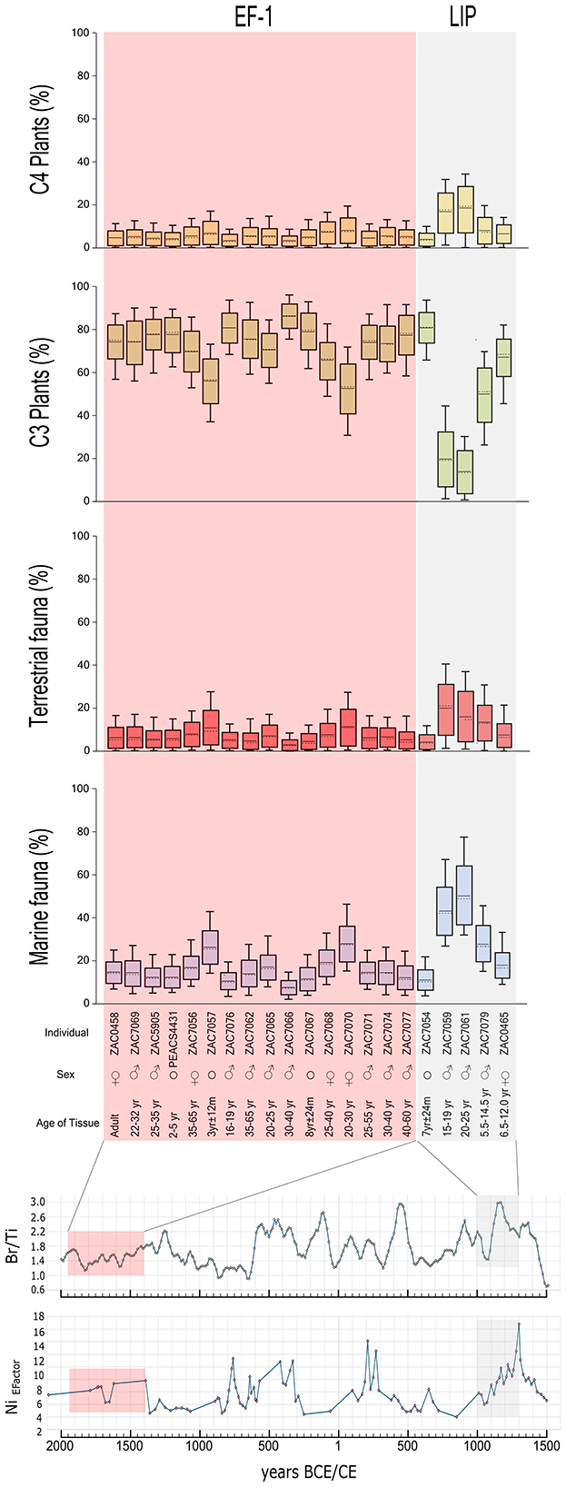 Box plots and line graphs display plant and fauna proportions, and bromine/titanium and nickel ratios over time. Box plots show C4, C3 plants, terrestrial and marine fauna percentages during EF-1 and LIP periods. Graphs with individual labels, sex, and age, correspond to bromine/titanium and nickel ratios from 2000 BCE to 1500 CE. The red and gray shaded areas denote EF-1 and LIP periods.