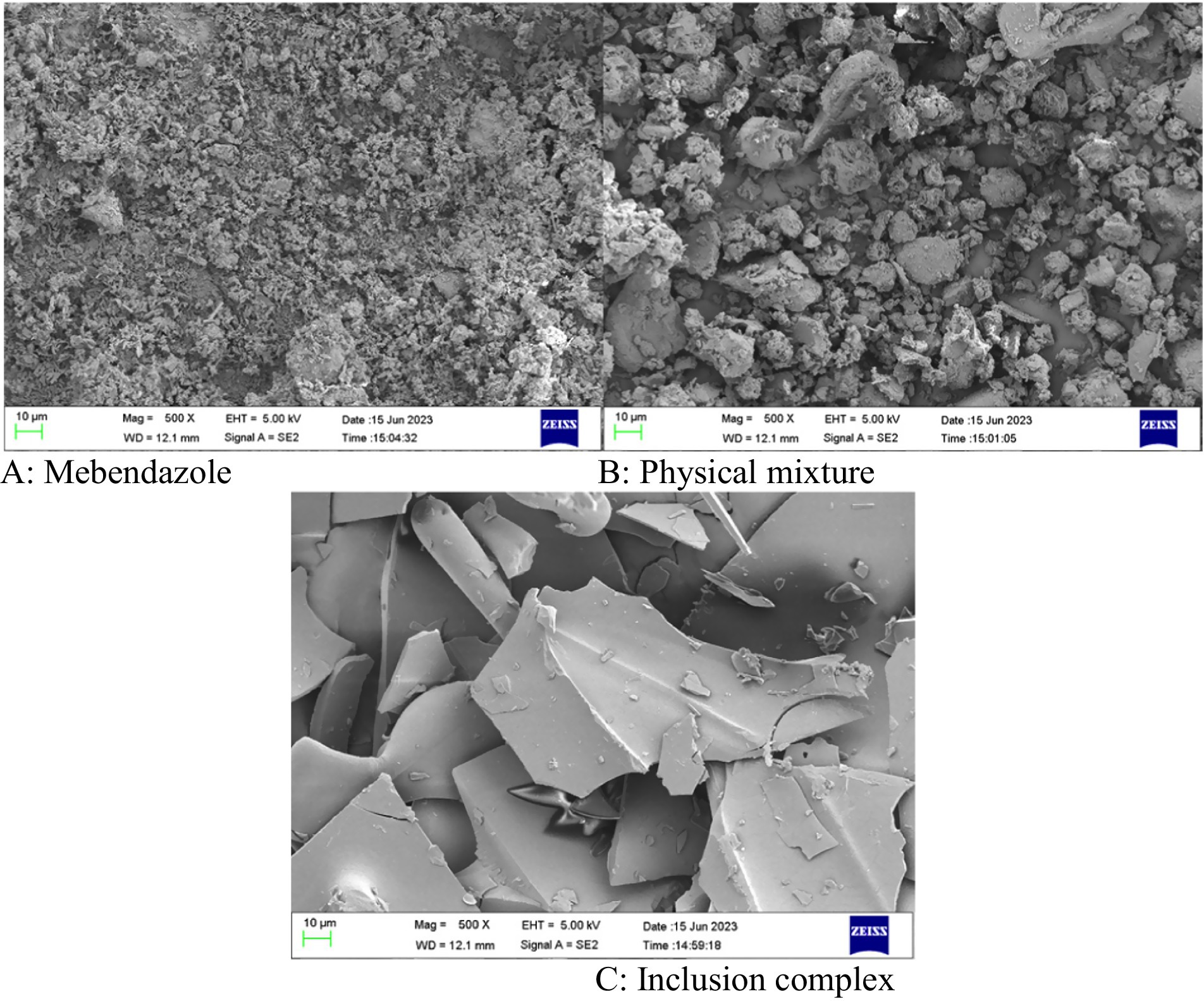 Three scanning electron microscope images showing different materials at 500x magnification. The top two images display a rough, granular texture, while the bottom image shows a smooth, layered structure with flat, thin flakes. Each image includes a scale bar indicating 10 micrometers and details such as date and time of capture.