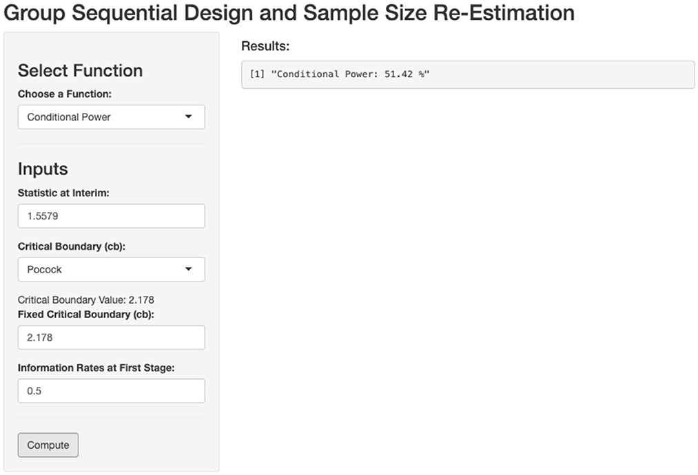 Interface for group sequential design and sample size re-estimation. Displays drop-down for function choice and input fields including interim statistic, critical boundary selection, and information rates. Result indicates conditional power of 51.42%.