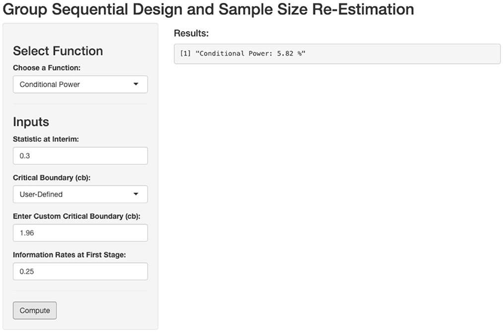 Tool interface for Group Sequential Design and Sample Size Re-Estimation. Features include a dropdown menu to choose a function labeled “Conditional Power,” text fields for inputs such as Statistic at Interim (0.3), Enter Custom Critical Boundary (1.96), and Information Rates at First Stage (0.25). Results section shows “Conditional Power: 5.82%”. Compute button is visible.
