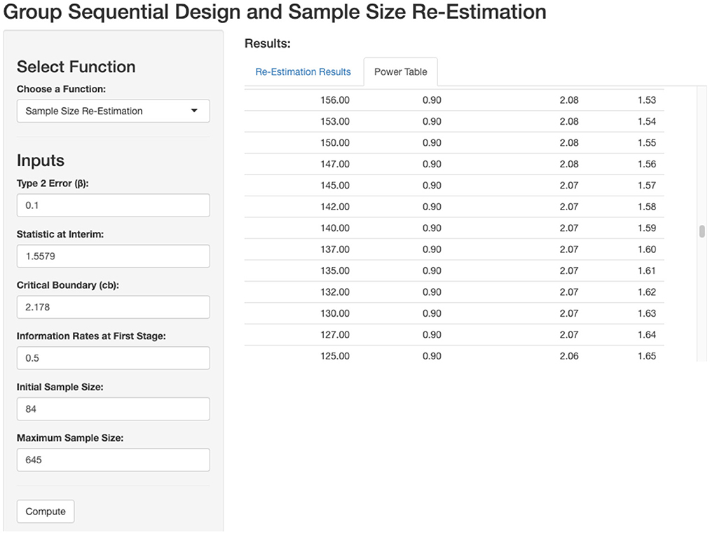 Group Sequential Design and Sample Size Re-Estimation interface displaying input fields and re-estimation results table. Inputs include Type 2 Error, Statistic at Interim, Critical Boundary, Information Rates, Initial Sample Size, and Maximum Sample Size. The results table lists sample sizes from 125 to 156 with corresponding statistical values and boundaries. Tabs for “Re-Estimation Results” and “Power Table” are visible.