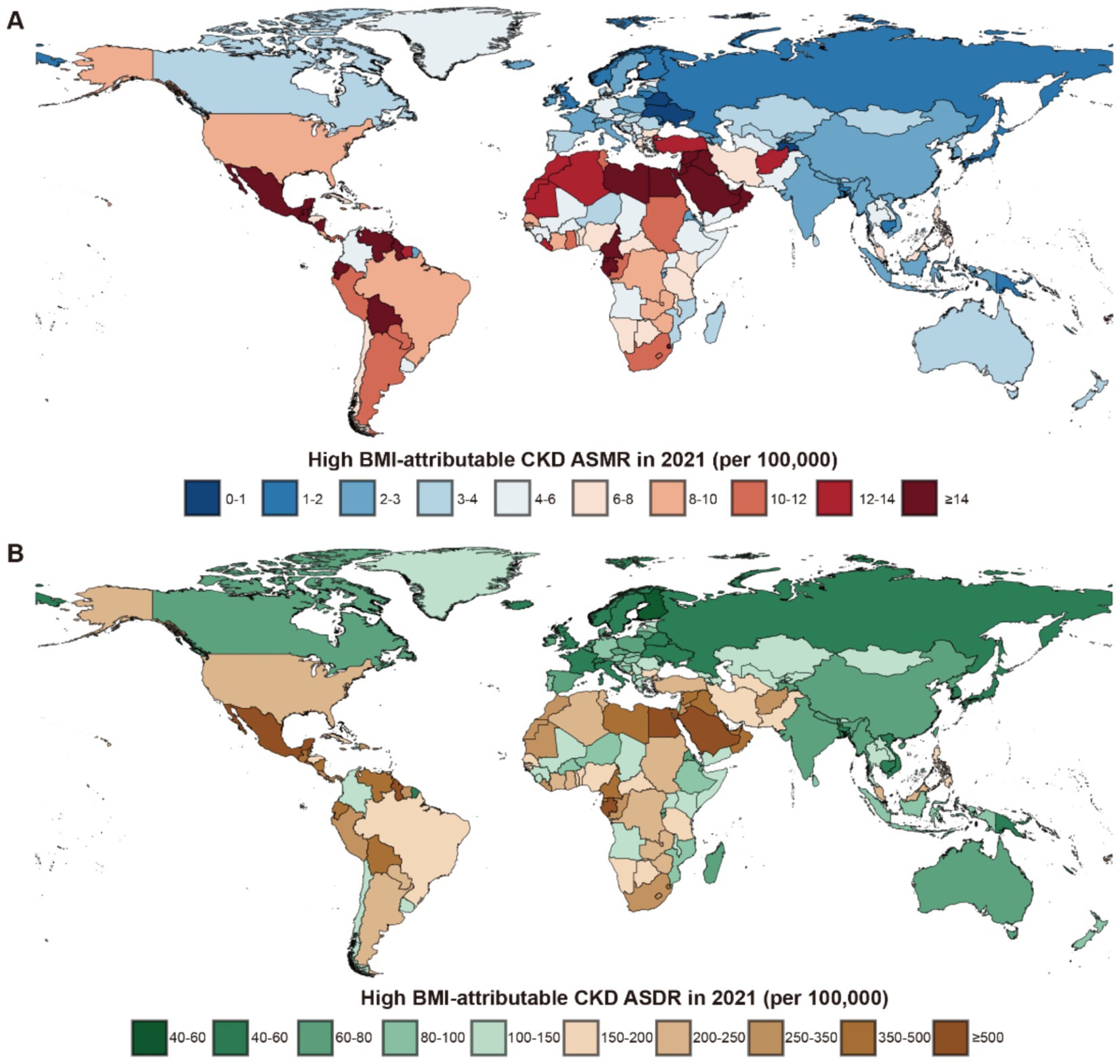 Map A shows global BMI-attributable chronic kidney disease age-standardized mortality rates (ASMR) in 2021, ranging from 0-1 (blue) to 14 or more (dark red) per 100,000 people. Map B depicts age-standardized disability rates (ASDR) for the same year, with values from 40-60 (light green) to 500 or more (dark brown) per 100,000 people. Various colors illustrate regional differences in rates across continents.