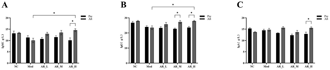 Bar charts labeled A, B, and C show Ig levels in different groups: NC, Mod, ARL, ARM, and ARH. Each chart has bars for “Pre” and “Alt” conditions. Significant differences are marked with asterisks and brackets. Chart A displays IgM levels, B shows IgG, and C illustrates IgA, with variations in values across conditions.