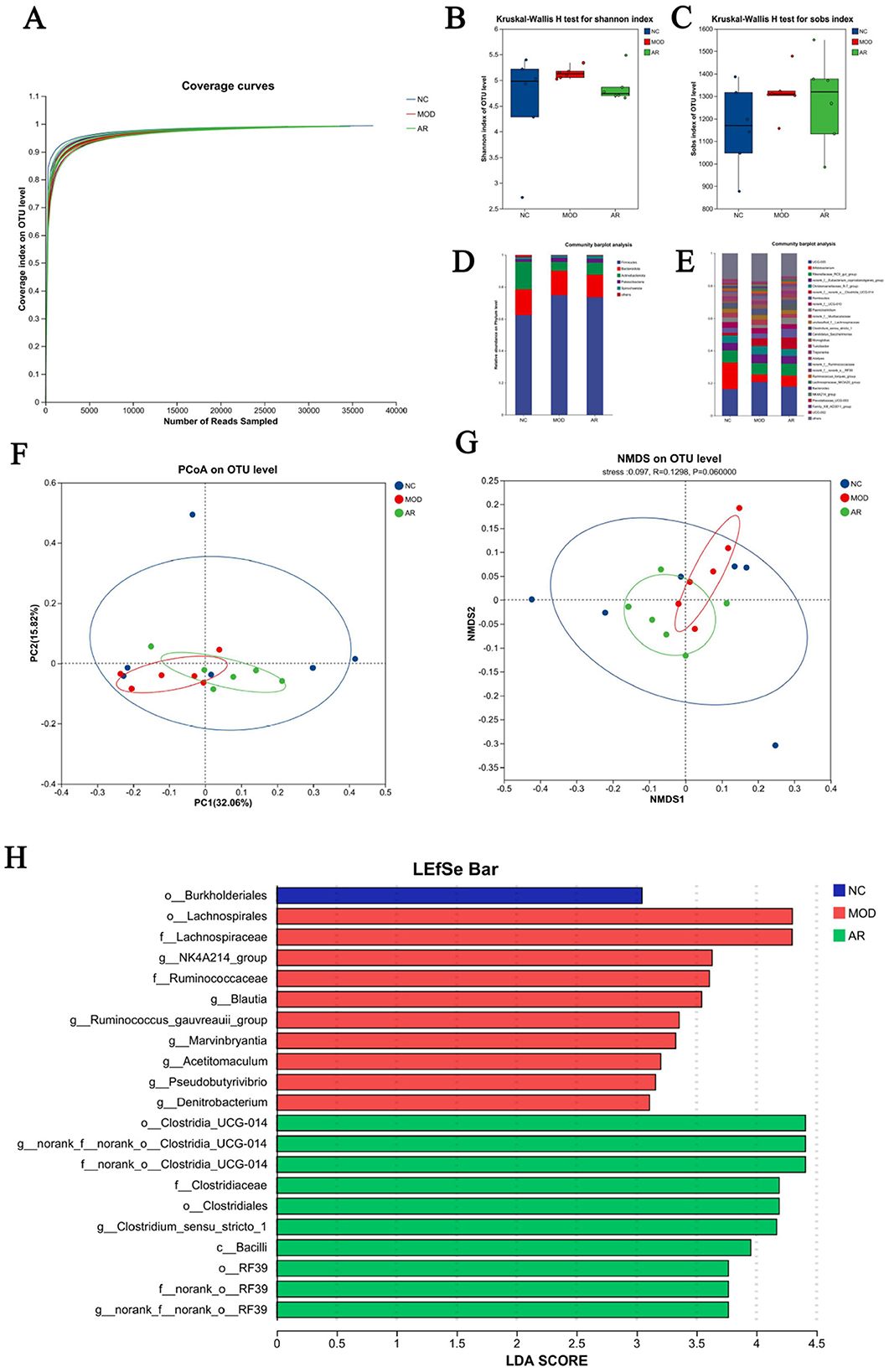 Composite image of several charts and graphs related to microbial analysis. A: Coverage curves comparing NC, MOD, and AR groups. B and C: Box plots showing Kruskal-Wallis H test results for Shannon and Sobs indices respectively. D and E: Bar charts depicting community composition targeting analysis. F: PCoA plot on OTU level showing clustering of different groups. G: NMDS plot illustrating stress and clustering for OTU levels. H: LEfSe bar chart displaying LDA scores with classification of microbial groups across NC, MOD, and AR.