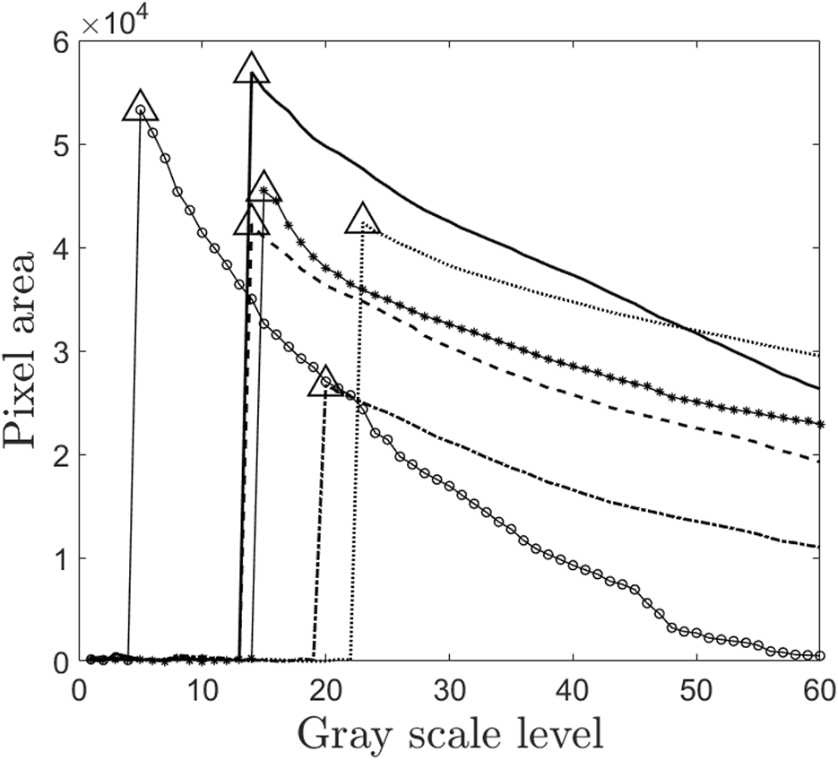 Graph depicting pixel area against grayscale level, ranging from zero to sixty. Various lines and symbols, including circles, triangles, and stars, represent different data sets, with values generally decreasing as grayscale level increases. The y-axis scale is multiplied by ten thousand.