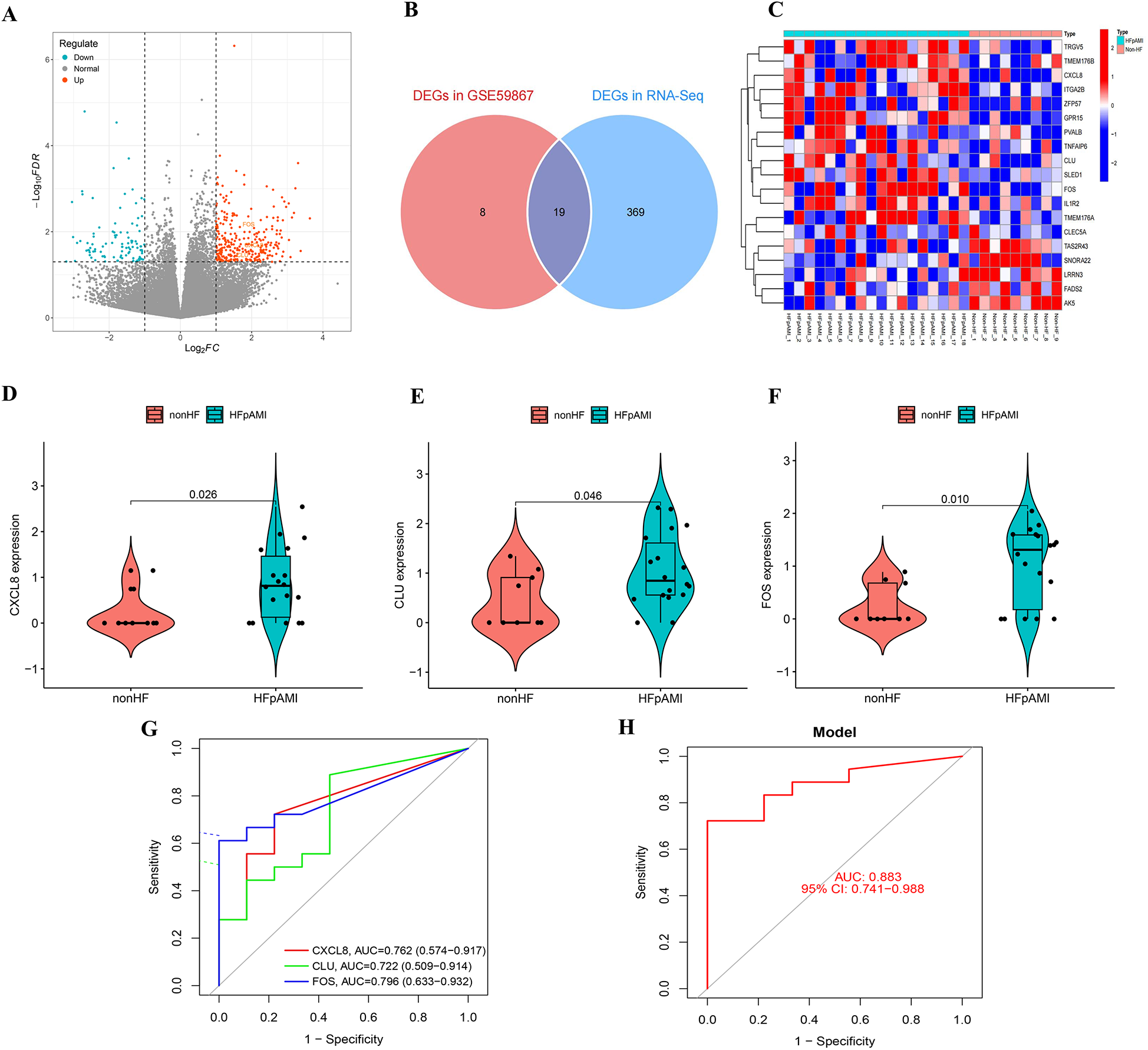 (A) Volcano plot showing differentially expressed genes with points colored by regulation status. (B) Venn diagram comparing DEGs from two datasets. (C) Heatmap depicting expression levels of genes across samples. (D-F) Violin plots comparing expression levels of CXCL8, CLU, and FOS between nonHF and HFpAMI groups with p-values indicated. (G) ROC curves for CXCL8, CLU, and FOS showing AUC values. (H) ROC plot of a model with AUC and confidence interval.
