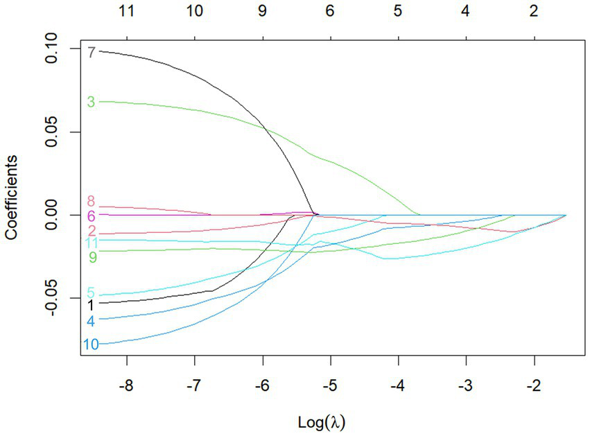Line graph showing coefficient paths for different variables as a function of the logarithm of lambda. Eleven lines, each representing a variable, converge to zero as lambda decreases. Coefficients are plotted on the vertical axis, and log(lambda) is on the horizontal axis.