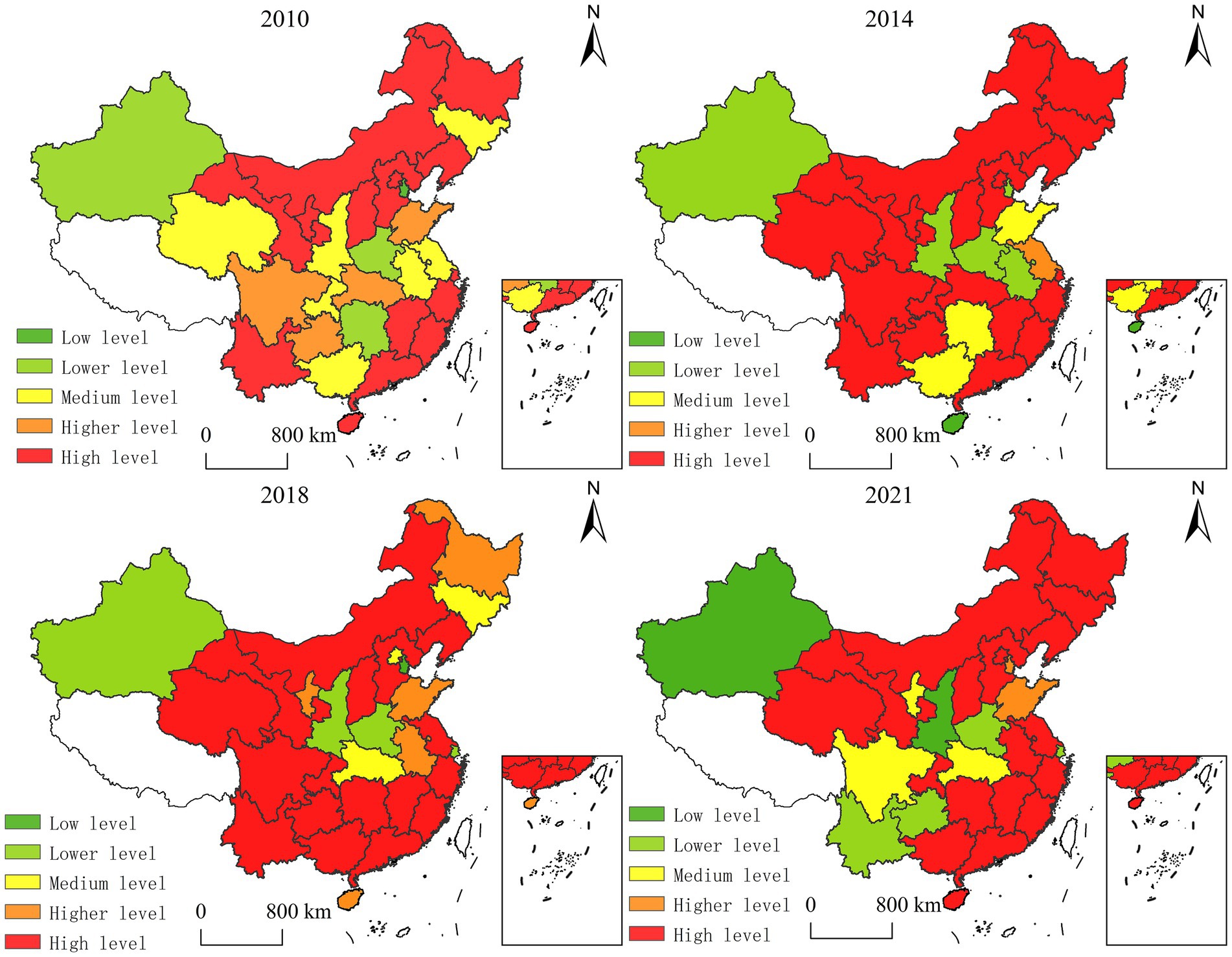 Four maps of China display pollution levels in 2010, 2014, 2018, and 2021 using color coding. Green indicates low pollution, red indicates high pollution, with intermediate shades for medium levels. Over time, more regions shift to high-level pollution, especially in the central and eastern parts. Each map includes a key and shows Taiwan separately.