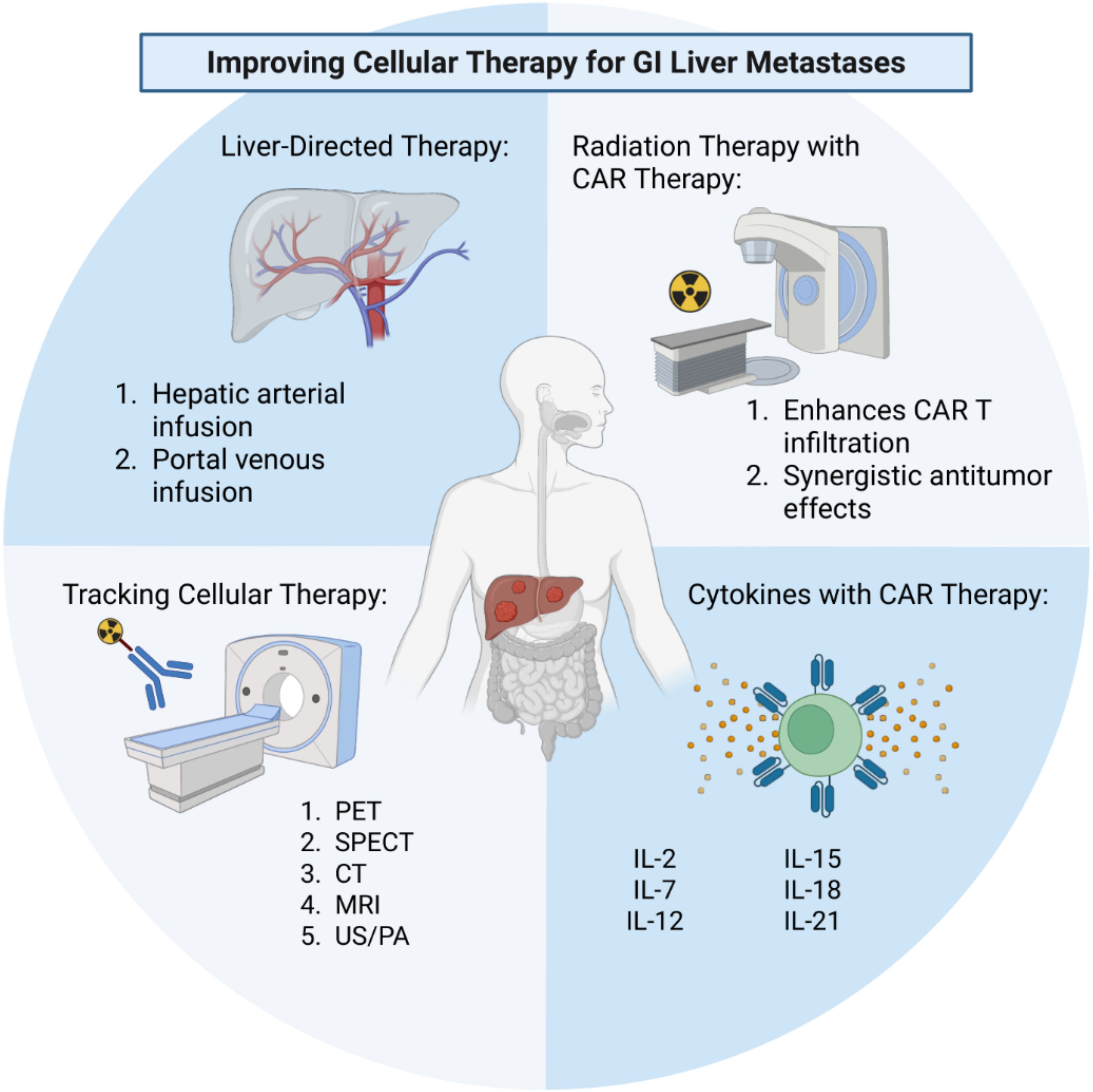 Diagram titled “Improving Cellular Therapy for GI Liver Metastases,” showing four sections: Liver-Directed Therapy includes hepatic arterial and portal venous infusion; Radiation Therapy with CAR Therapy enhances CAR T infiltration and synergistic antitumor effects; Tracking Cellular Therapy lists PET, SPECT, CT, MRI, US/PA; Cytokines with CAR Therapy involves IL-2, IL-7, IL-12, IL-15, IL-18, IL-21. Central illustration of a human torso depicting the liver.