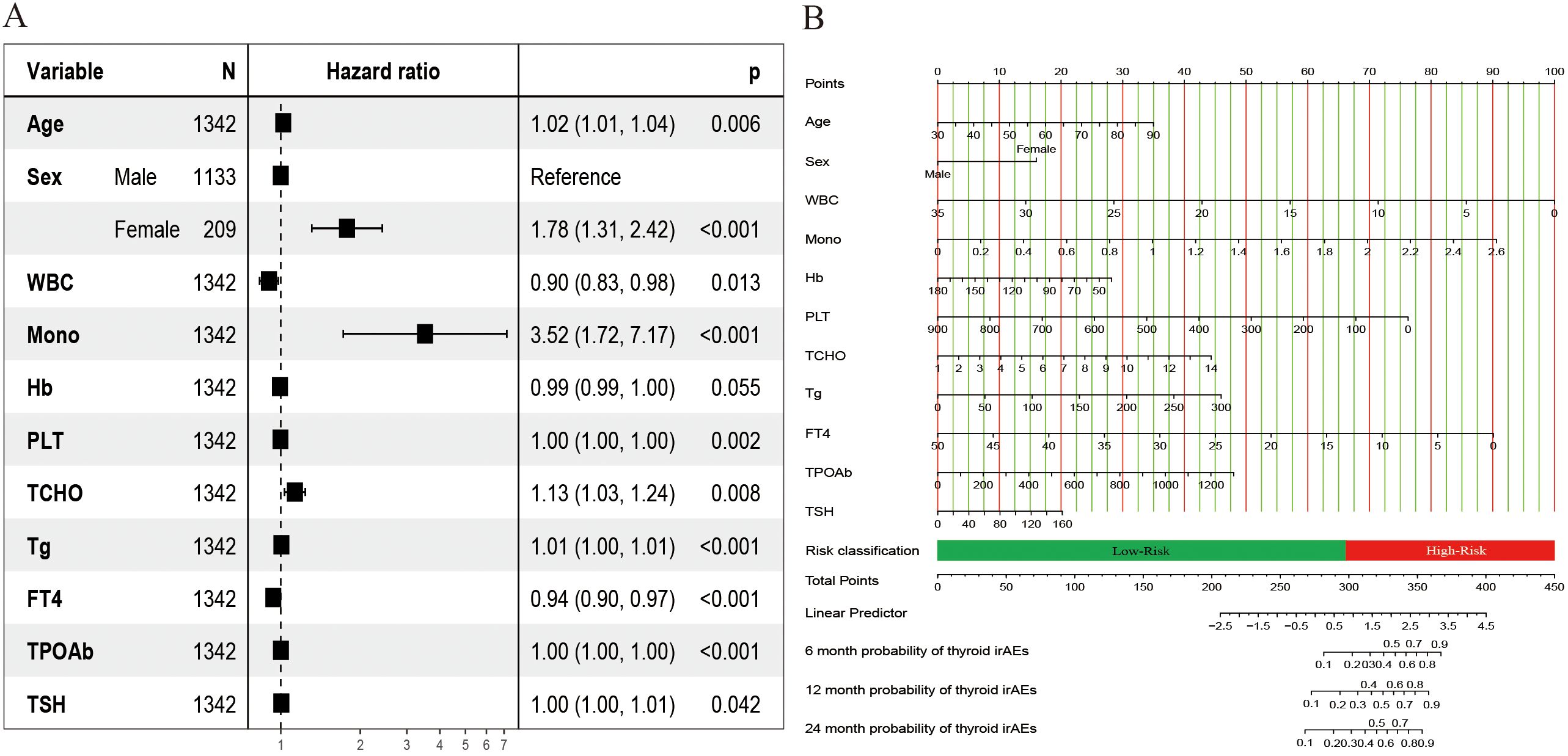 Panel A displays a table with variables like age, sex, and blood markers, showing corresponding hazard ratios, confidence intervals, and significance values. Panel B is a nomogram predicting thyroid irAE risk, with scales for each variable, total points, and risk classification into low and high categories, with probabilities at six, twelve, and twenty-four months.