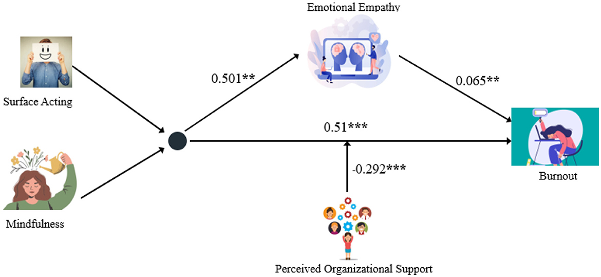 Diagram showing relationships between Surface Acting, Mindfulness, Emotional Empathy, Perceived Organizational Support, and Burnout. Surface Acting and Mindfulness point to a central node. Surface Acting also points to Emotional Empathy, which then points to Burnout. Emotional Empathy (0.065**) and Perceived Organizational Support (-0.292***) also influence Burnout. Mindfulness positively influences the central node. Surface Acting's influence on Emotional Empathy is 0.501** and Perceived Organizational Support has an influence of 0.51*** on Burnout.