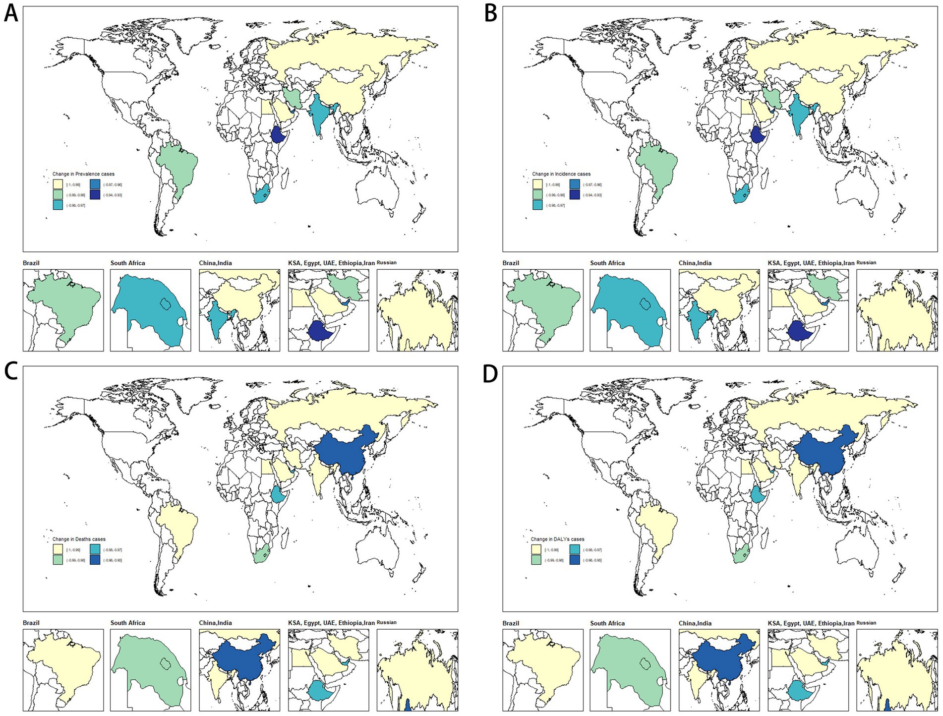 World maps in four panels (A, B, C, D) illustrating changes in pandemic-related cases. Each panel shows variations in different categories: A) Prevalence cases, B) Incidence cases, C) Deaths, and D) Disability-adjusted life years. Color gradients indicate changes in various countries, with specific focus on Brazil, South Africa, China/India, and a group including KSA, Egypt, UAE, Ethiopia, Iran, and Russia. Insets provide detailed regional views for these countries. Each map uses different colors to represent differing levels of change.