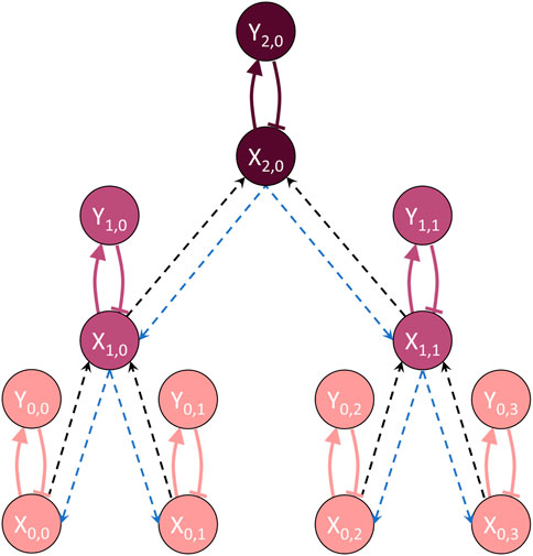 Hierarchical directed graph illustrating a tree structure with layers of nodes labeled as X and Y, each indicating a level and position. Arrows represent directional dependencies among nodes, with distinct colors for different types of connections.