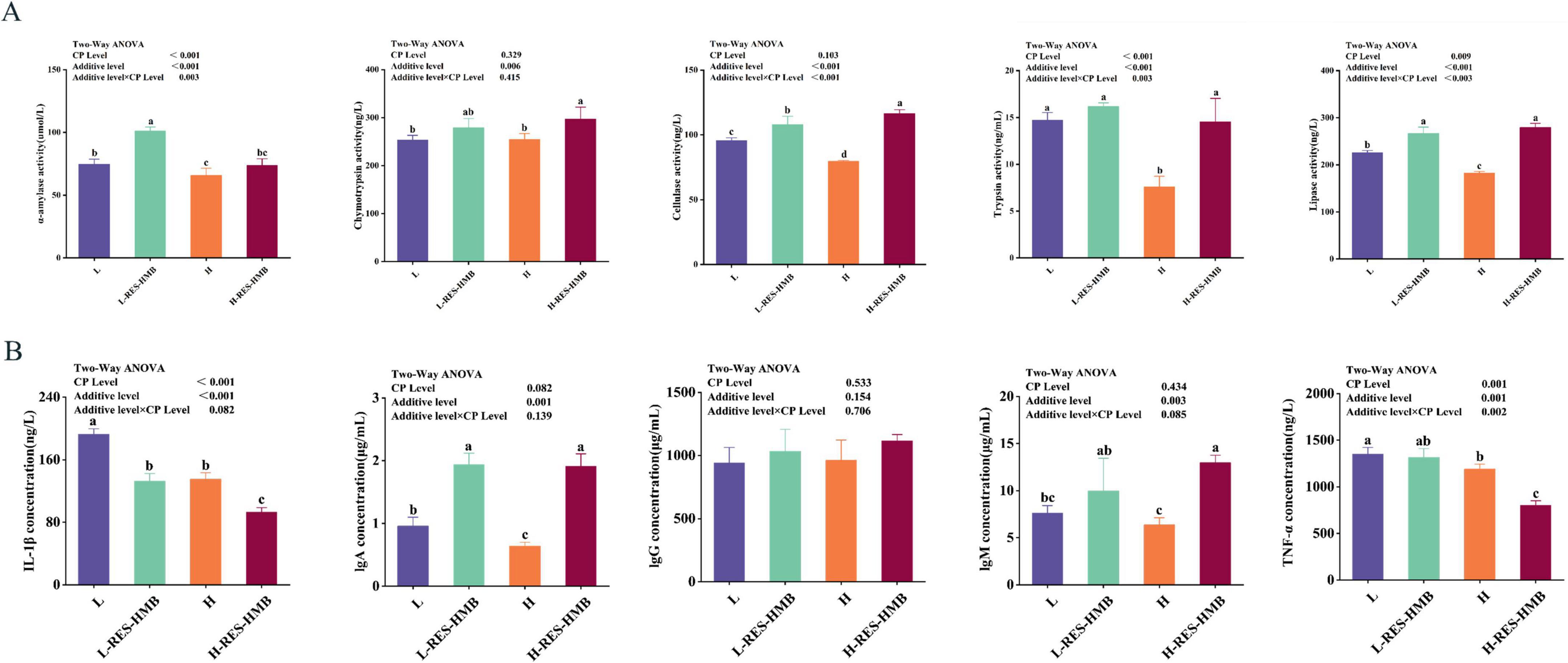 The image contains two sets of bar graphs labeled “A” and “B”. Each set features five bar graphs comparing different concentrations or treatments, with factors like “CPE level” and “Additive level” under two-way ANOVA analysis. Graphs depict varying levels of biological metrics indicated in the y-axis (e.g., IL-1β, CRP, IgG, TNF-α), with significance levels denoted by different letters above each bar. Each graph includes the corresponding ANOVA p-values and legends, providing detailed analysis of the experimental results.
