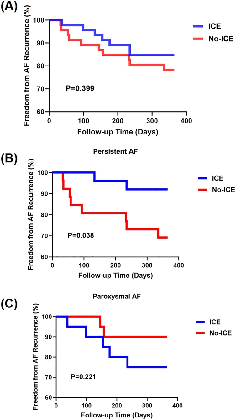 Kaplan–Meier curves showing the percent of freedom from atrial fibrillation (AF) recurrence over 400 days with ICE and No-ICE treatments. (A) Overall AF recurrence with p-value 0.399. (B) Persistent AF with p-value 0.038, showing better results for ICE. (C) Paroxysmal AF with p-value 0.221. ICE is represented in blue and No-ICE in red.