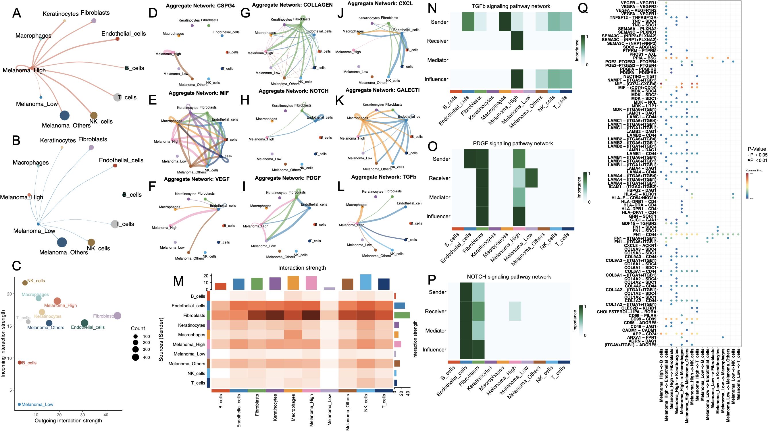 Diagram illustrating various cellular interaction networks and signaling pathways, including CSPG4, MIF, VEGF, COLLAGEN, CXCL, NOTCH, PDGF, and TGFb among cell types like keratinocytes, fibroblasts, macrophages, and different melanoma cell states. Charts show interaction strength, signaling networks, and importance of pathways with color-coded lines and heatmaps. A scatter plot and heatmap further depict interaction strengths. A key for p-values is included, with dot plots displaying significance across various gene expressions.