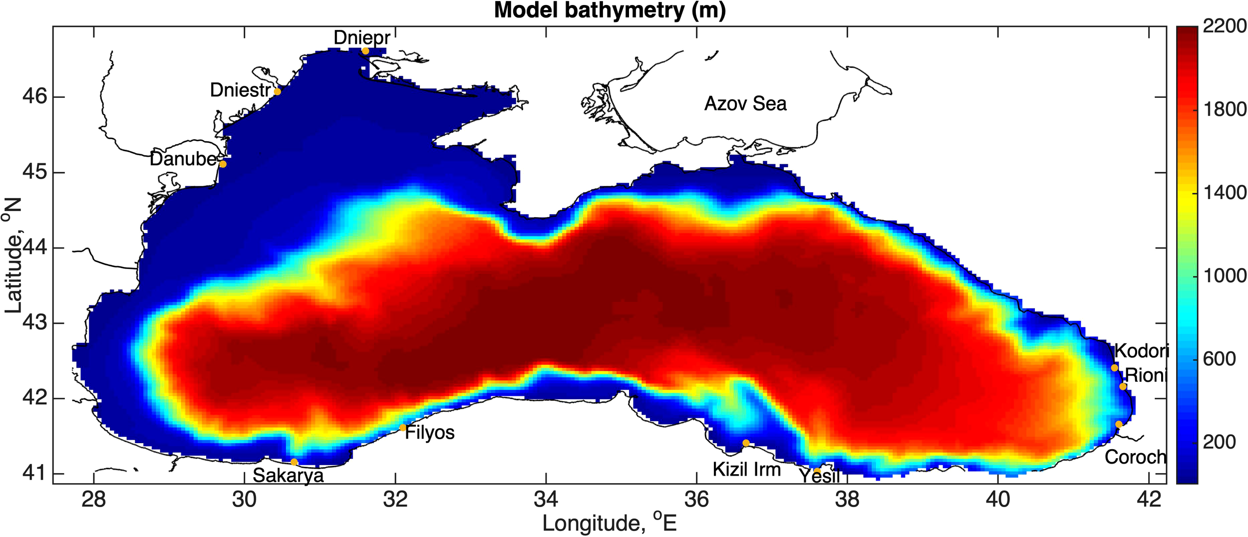Bathymetric map of the Black Sea showing depth variations in meters. Depths range from shallow areas in blue near the coastlines to deeper regions in red at the center. Key locations like the Danube and Kizil Irm river estuaries and the Azov Sea are labeled. A color bar on the right indicates depth values, ranging from zero in dark blue to two thousand two hundred meters in dark red.