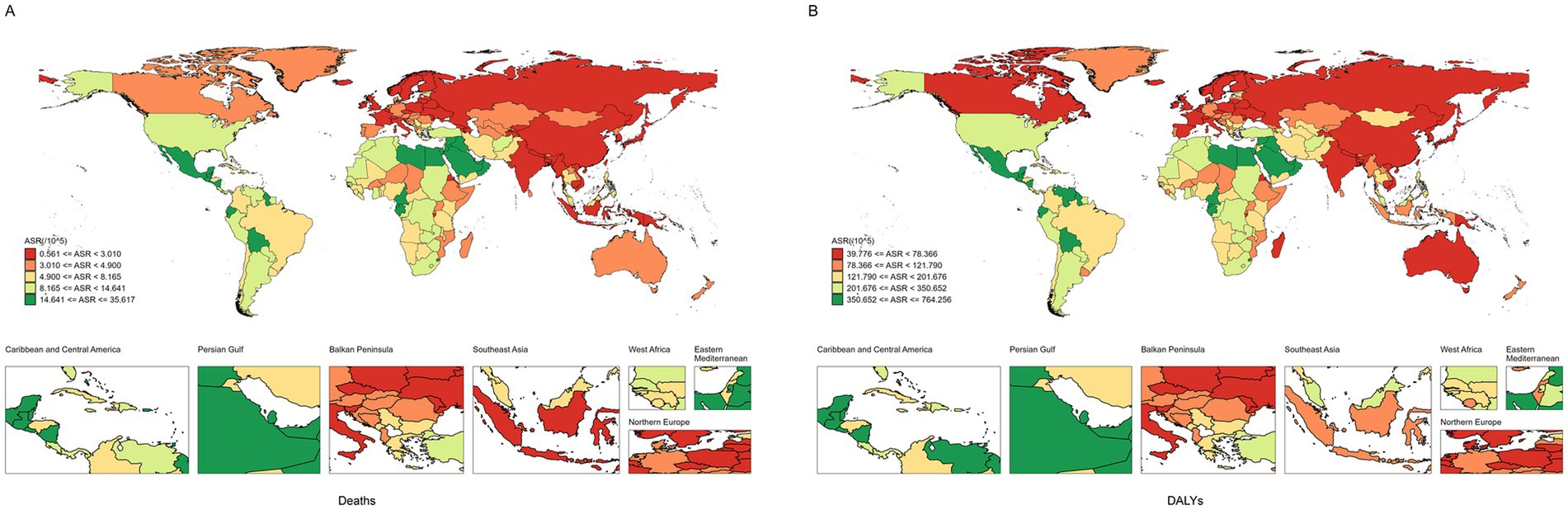 Two world maps compare age-standardized rates (ASR) of deaths (Map A) and disability-adjusted life years (DALYs, Map B) by region. Both maps use color gradients from green (lower ASR) to red (higher ASR). Insets show detailed views of Caribbean, Persian Gulf, Balkan Peninsula, Southeast Asia, West Africa, and Eastern Mediterranean.