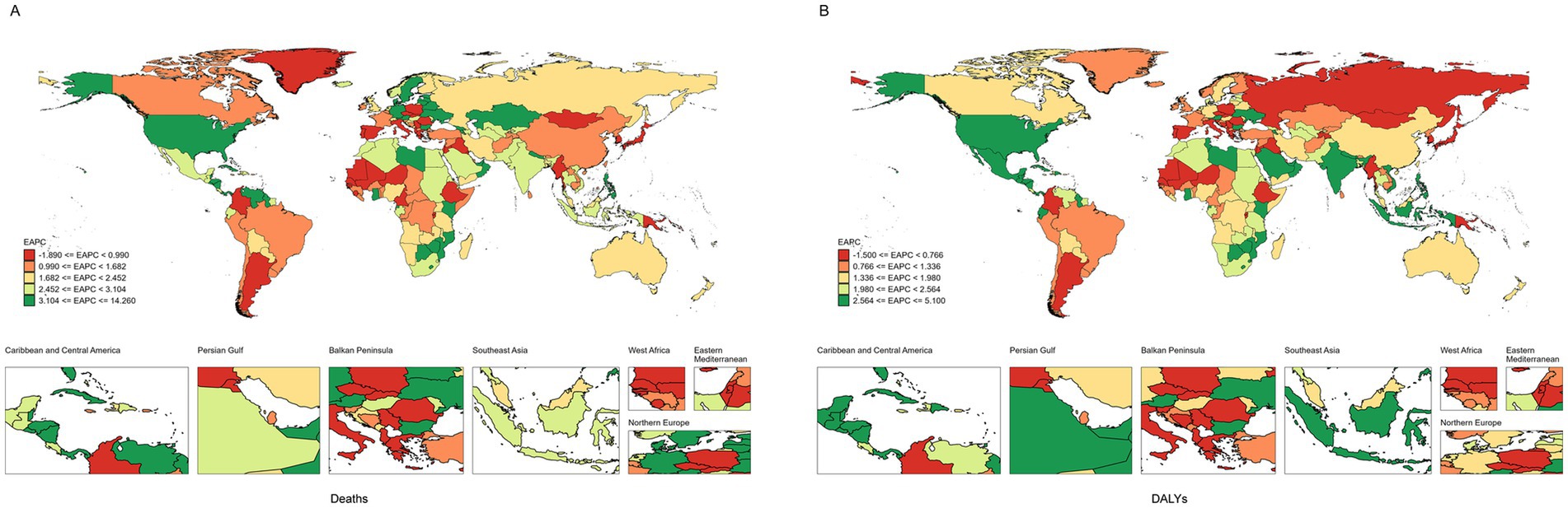 World maps showing trends in two panels: A) Deaths and B) Disability-Adjusted Life Years (DALYs) with varying color codes representing the Estimated Annual Percentage Change (EAPC) for regions. Insets show detailed views for Caribbean and Central America, Persian Gulf, Balkan Peninsula, Southeast Asia, West Africa, and Eastern Mediterranean. Colors range from red to green indicating changes from negative to positive growth.
