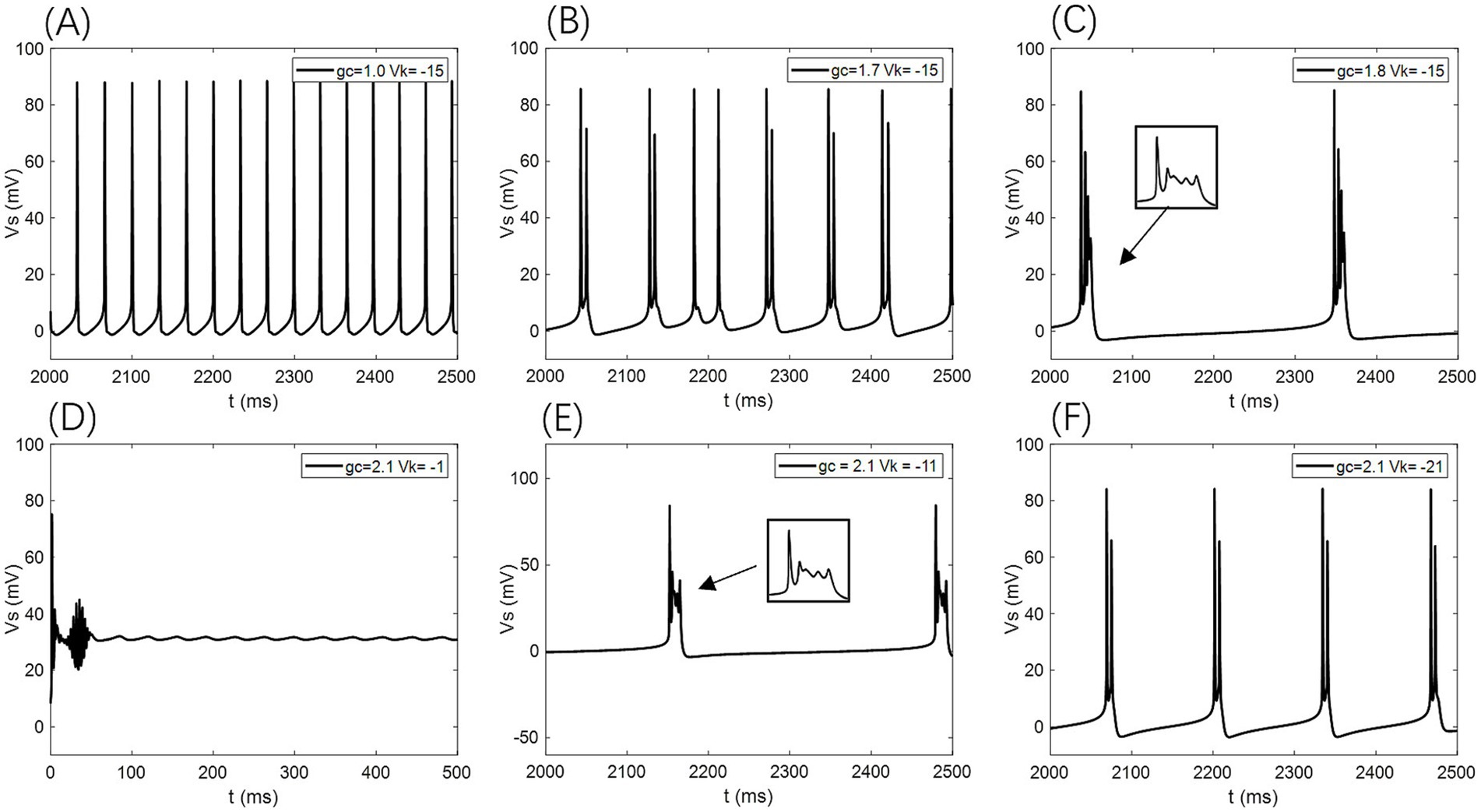 Graphs A to F show voltage versus time plots with varying gc and Vk values, demonstrating different electrical activity patterns. Graphs A, B, and F exhibit regular spiking. Graphs C and E highlight zoomed segments with delayed activity. Graph D shows an initial spike followed by stabilization.