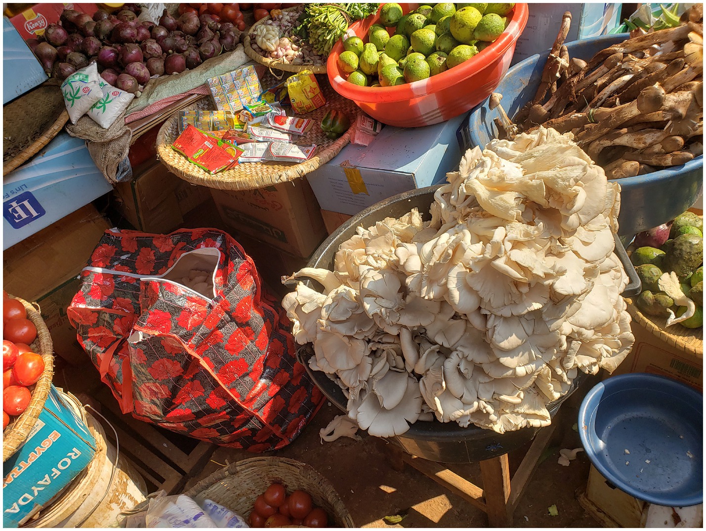 A market stall displays various produce and goods, including a pile of mushrooms, a basket of limes, onions, and tomatoes. There are also packaged items and a red floral bag. Bright sunlight highlights the items.