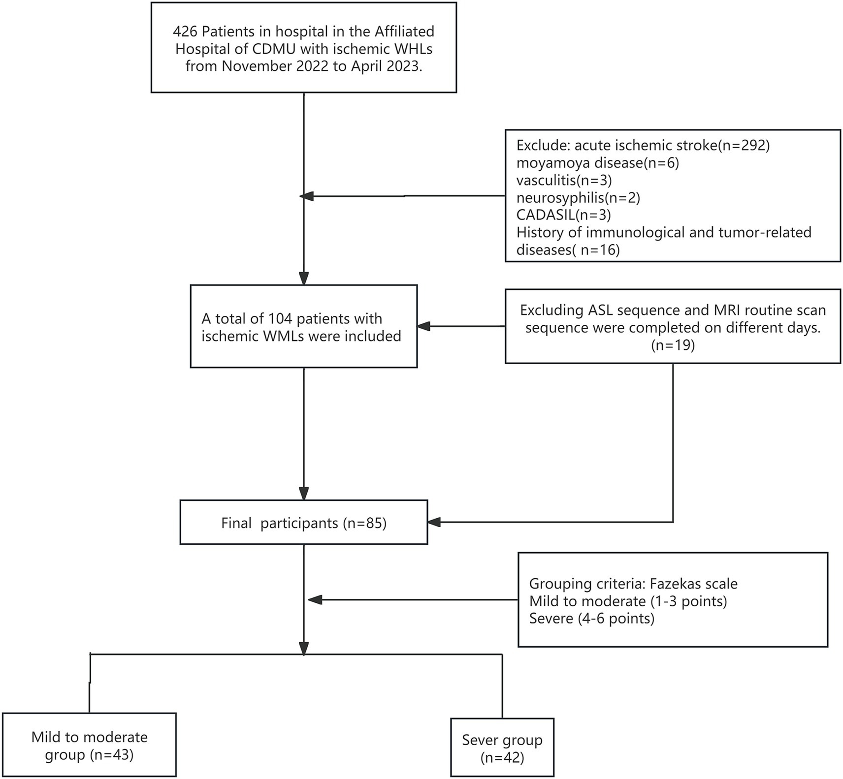 Flowchart depicting patient selection for a study at the Affiliated Hospital of CDMU from November 2022 to April 2023. Out of 426 patients with ischemic WMLs, 292 were excluded for acute ischemic stroke, with others excluded for various conditions, resulting in 104 patients considered. After further exclusions, 85 participants remained. They were divided into mild to moderate (43 participants) and severe groups (42 participants) based on the Fazekas scale.