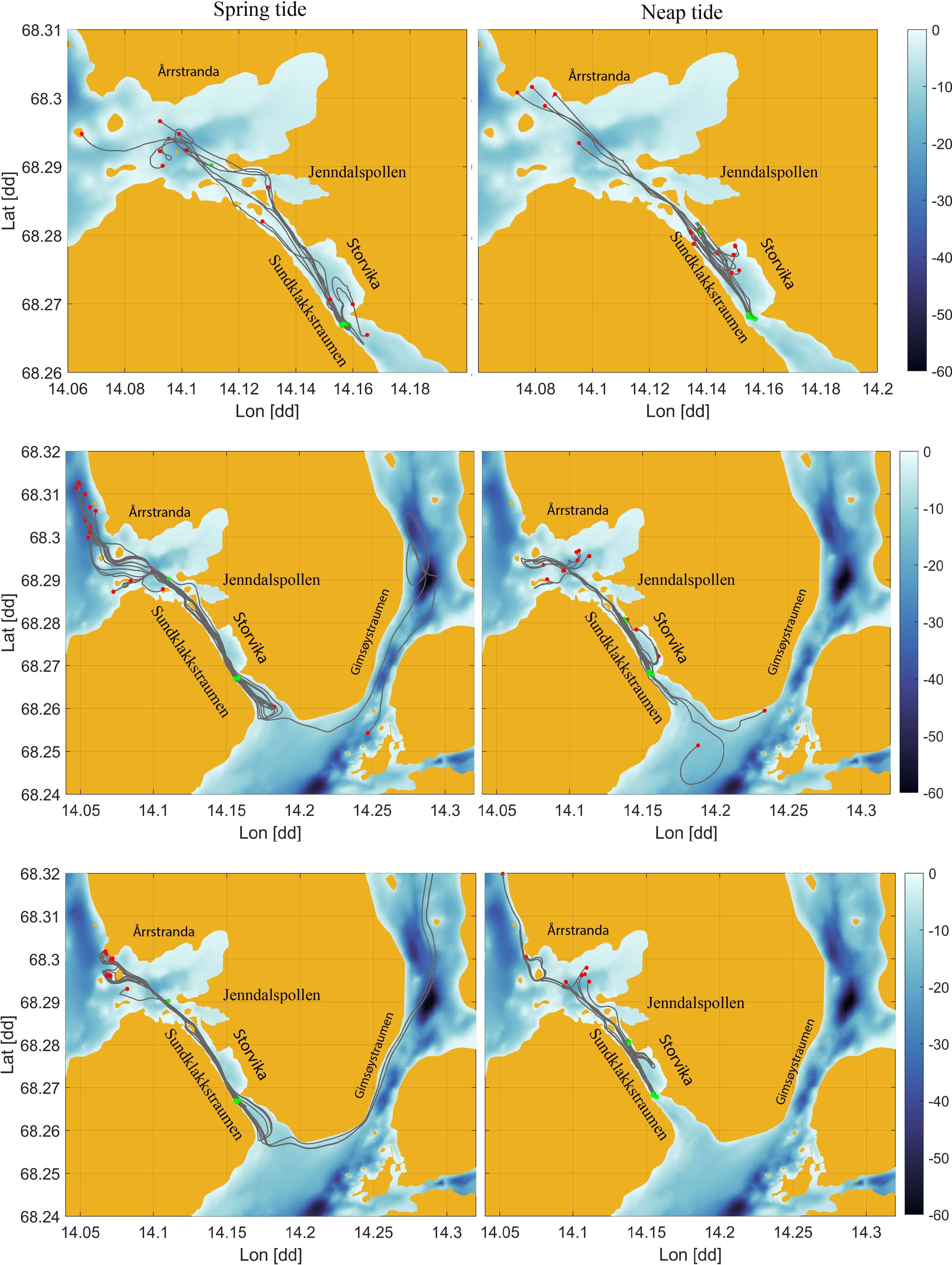 Maps depicting water depth variations during spring and neap tides in Norway's Sundklakkstraumen area. Top images show tidal differences; spring on the left and neap on the right. Bottom images focus on detailed water flow patterns with color gradients illustrating depth changes. Key locations like Årrstranda and Jendalsplassen are marked.