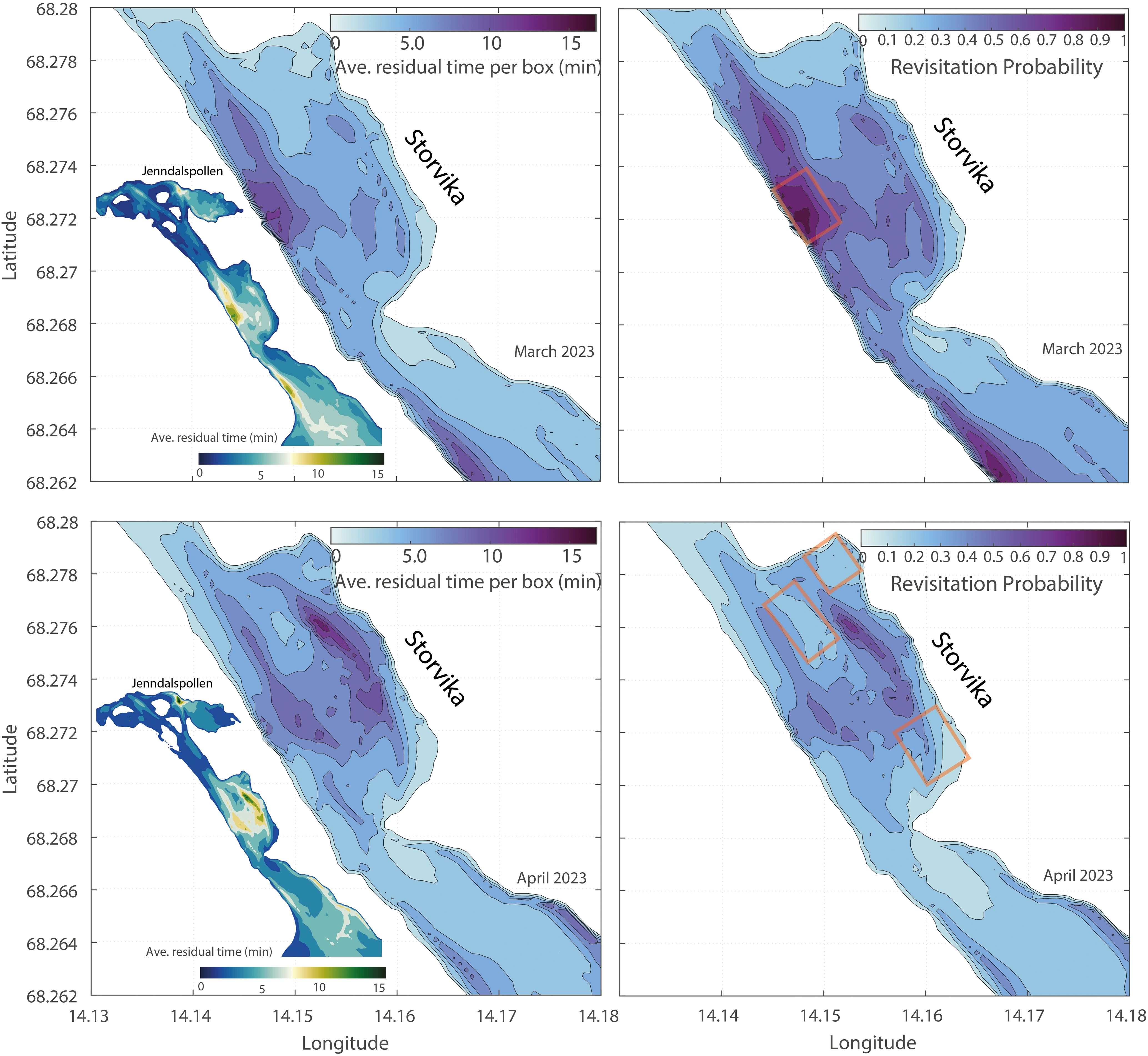 Four panel maps compare residual time and revisitation probability in Storvika, Norway, from March to April 2023. Top left: March residual time; top right: March revisitation probability; bottom left: April residual time; bottom right: April revisitation probability. Updating trends are visualized using color gradients.