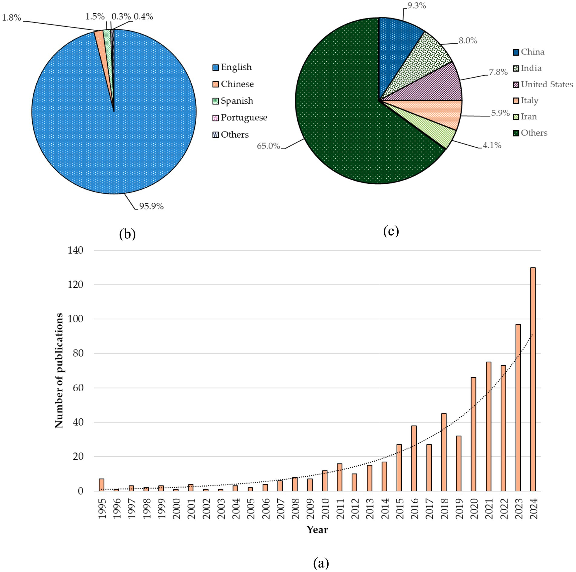 Three visualizations depict publication data. Chart (a) is a bar graph showing an increase in publications from 1995 to 2024. Chart (b) is a pie chart showing language distribution: English at 95.9%, followed by minor contributions from Chinese, Spanish, Portuguese, and others. Chart (c) is a pie chart showing country distribution: China at 9.3%, India at 8.0%, with the United States, Italy, Iran, and others contributing smaller percentages.