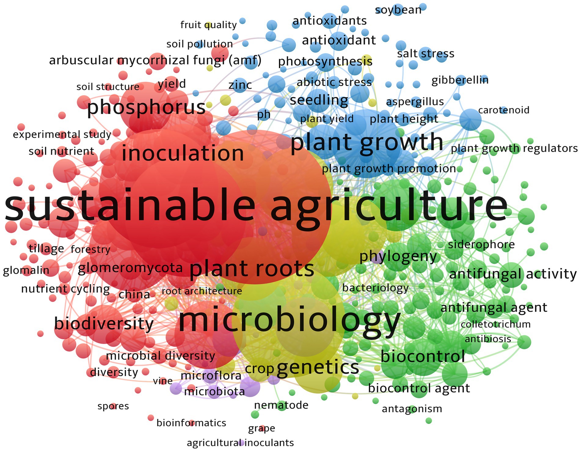 Word cloud illustrating concepts related to sustainable agriculture. Central themes include
