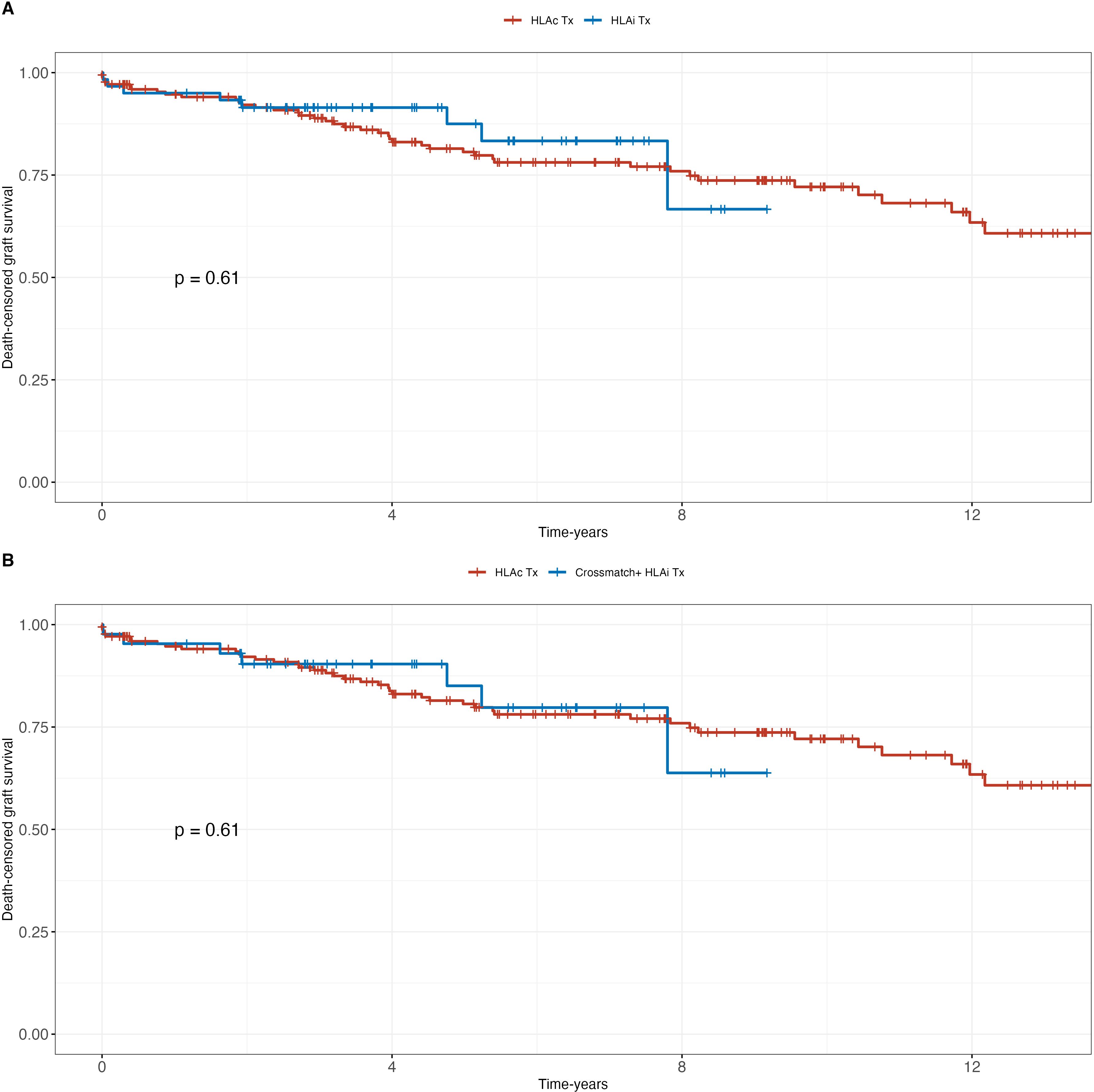 Two Kaplan-Meier survival curves labeled A and B depict death-censored graft survival over time in years. Plot A compares HLA-C Tx (red) with HLA-I Tx (blue), while plot B compares HLA-C Tx (red) with Crossmatch+ HLA-I Tx (blue). Both plots show similar trends with p-values of 0.61, indicating no significant difference in survival between groups.