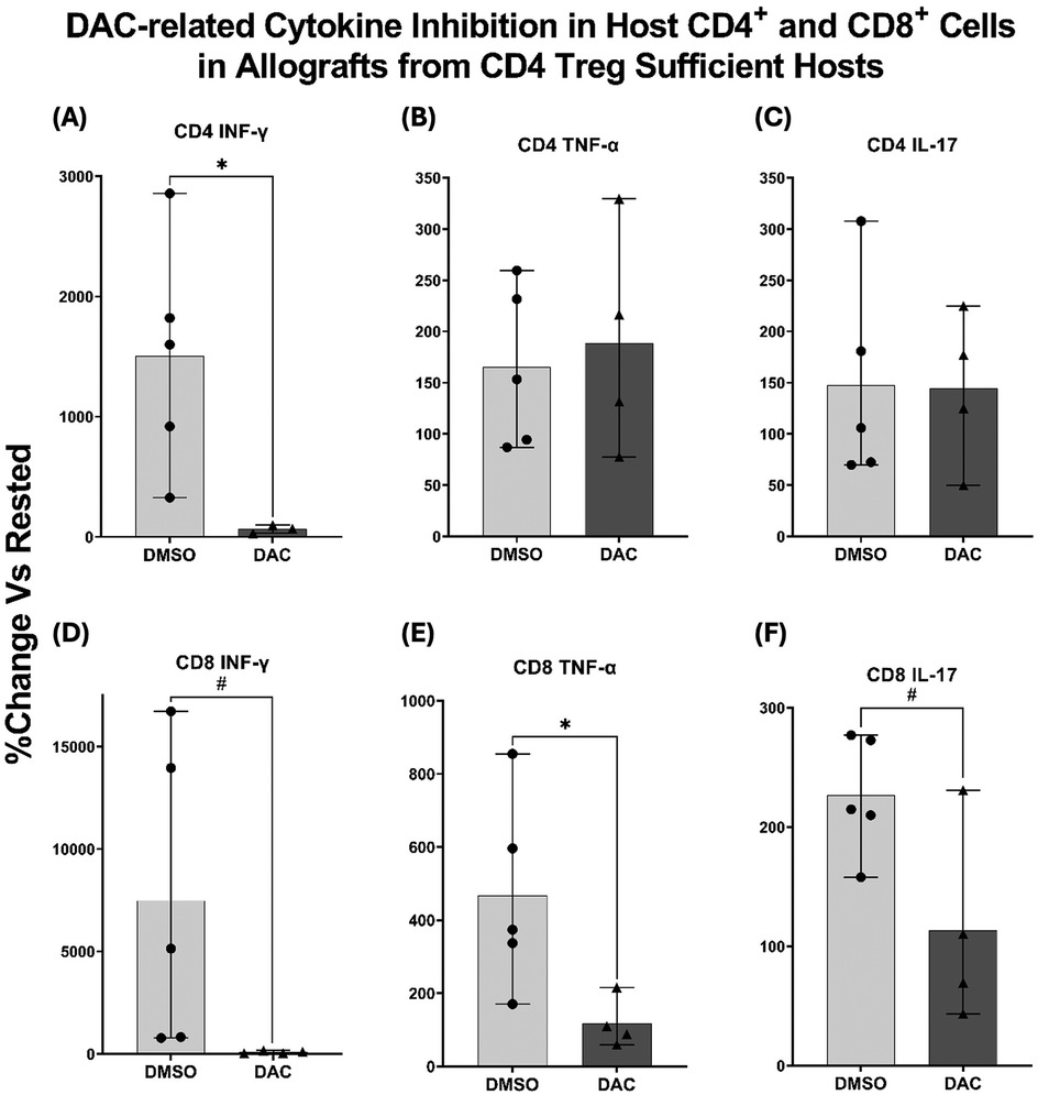 Bar graphs labeled A to F show DAC-related cytokine inhibition in CD4 and CD8 cells from allografts. Panels A-F depict different cytokines: INF-γ, TNF-α, and IL-17, with notable differences between DMSO and DAC treatments. Significant changes are marked with an asterisk or hash symbol.